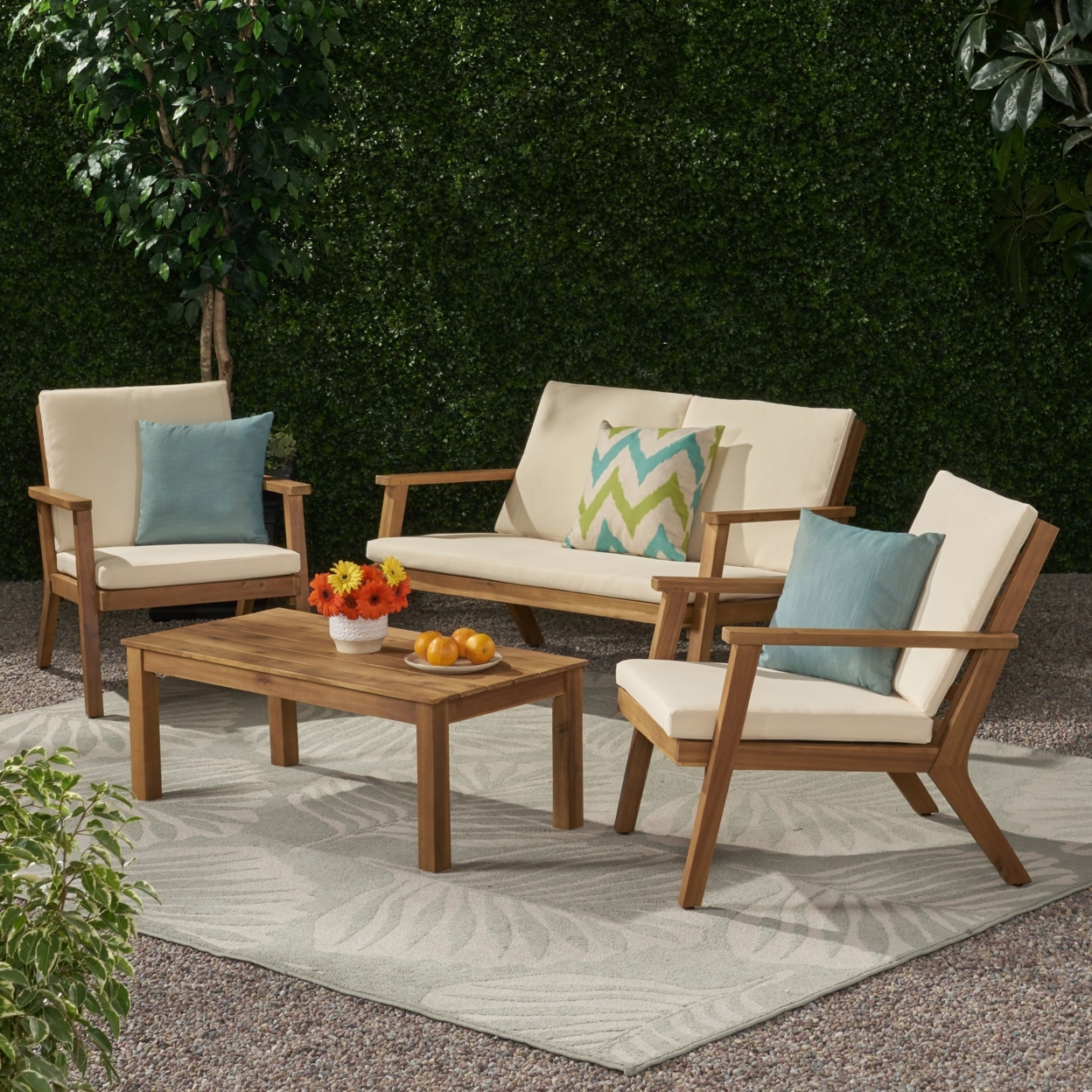 Avacyn Outdoor Acacia Wood 4 Seater Chat Set With Cushions - Gray/dark Gray