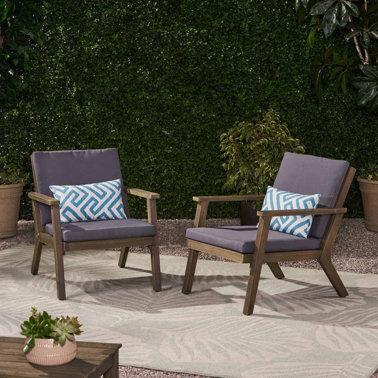 Avacyn Outdoor Acacia Wood Club Chairs With Cushions (Set Of 2) - Gray/dark Gray