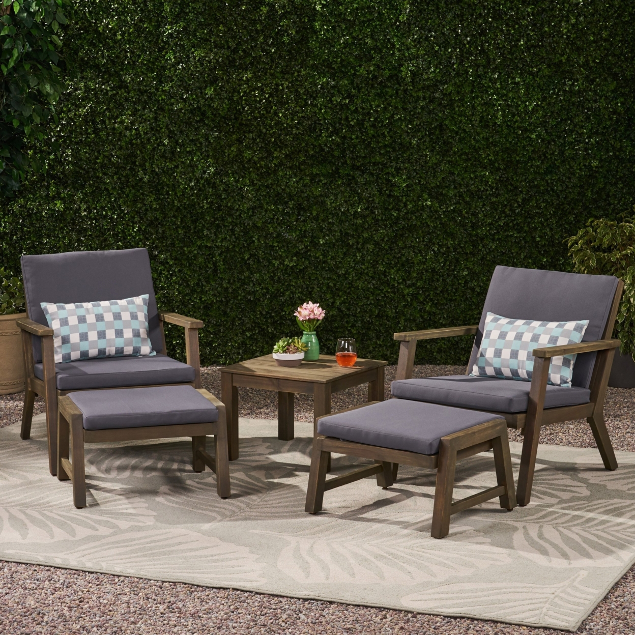 Avacyn Outdoor Mid-Century Modern Acacia Wood 2 Seater Chat Set With Ottomans - Gray/dark Gray
