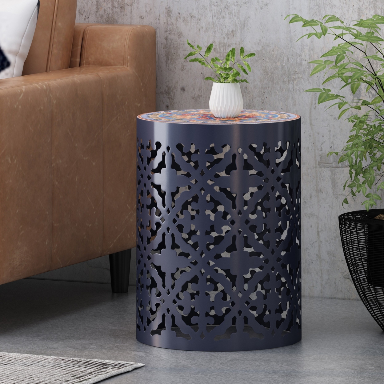 Azaela Indoor Lace Cut Side Table With Tile Top - Dark Blue