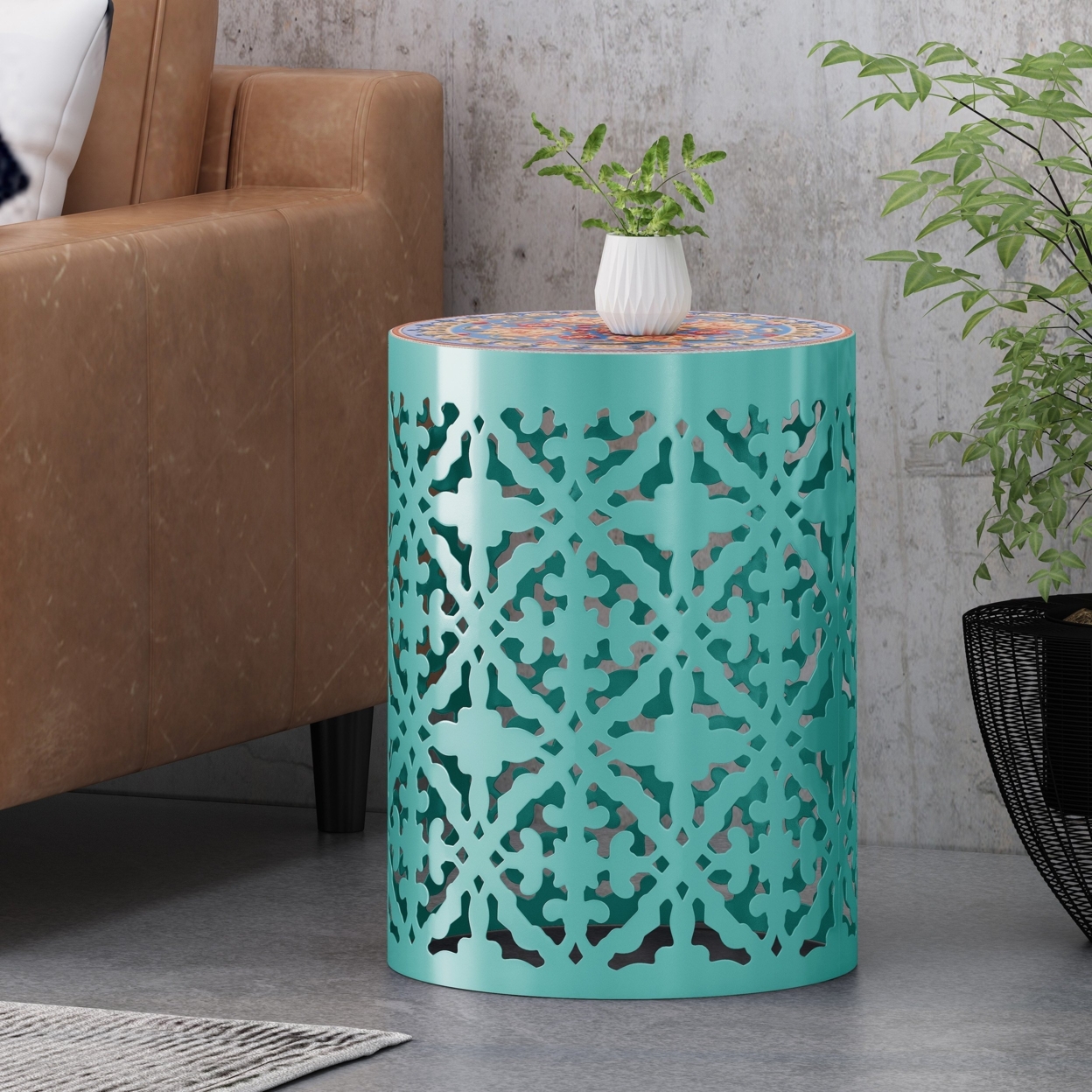Azaela Indoor Lace Cut Side Table With Tile Top - Teal