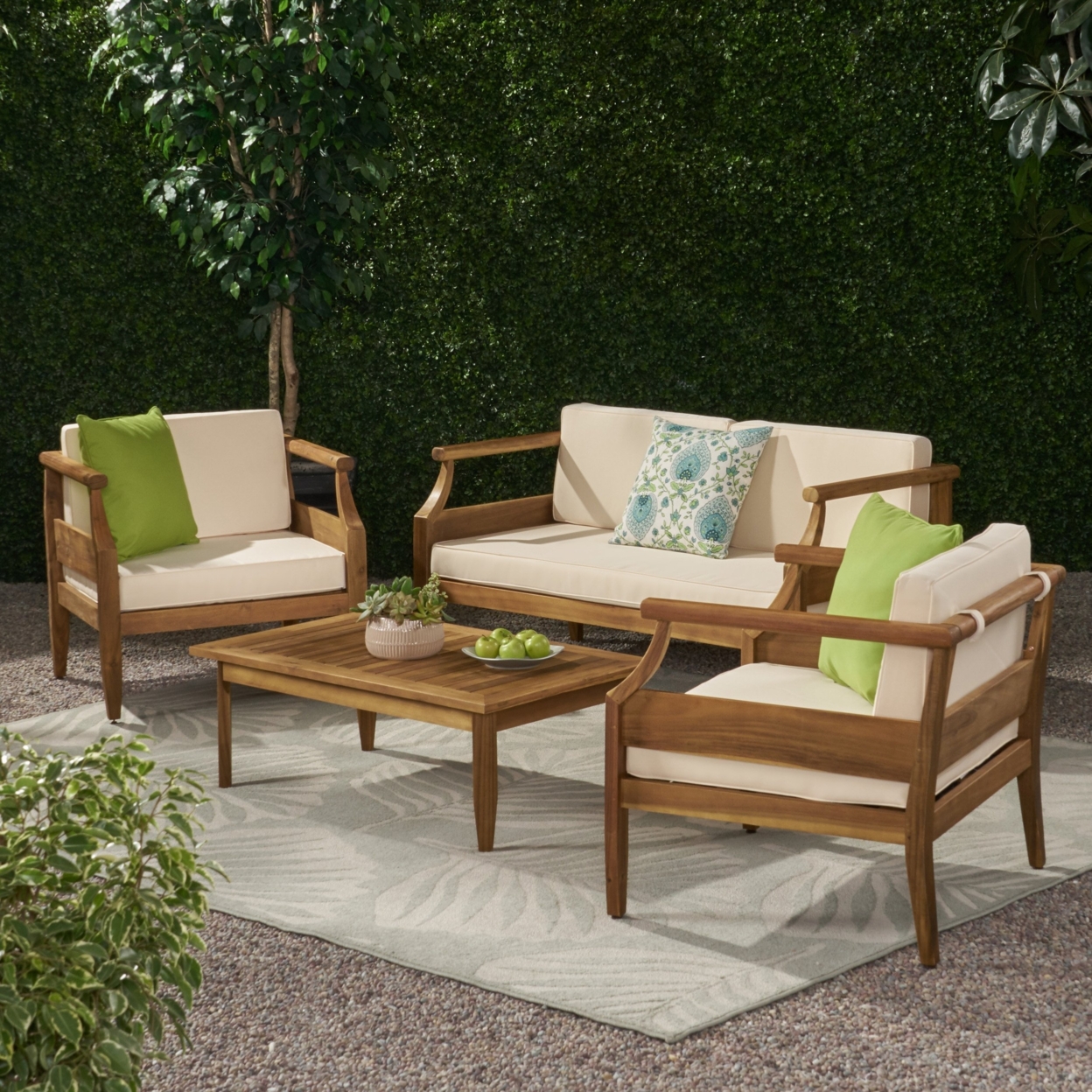 Bianca Outdoor Mid-Century Modern Acacia Wood 4 Seater Chat Set With Cushions - Cream