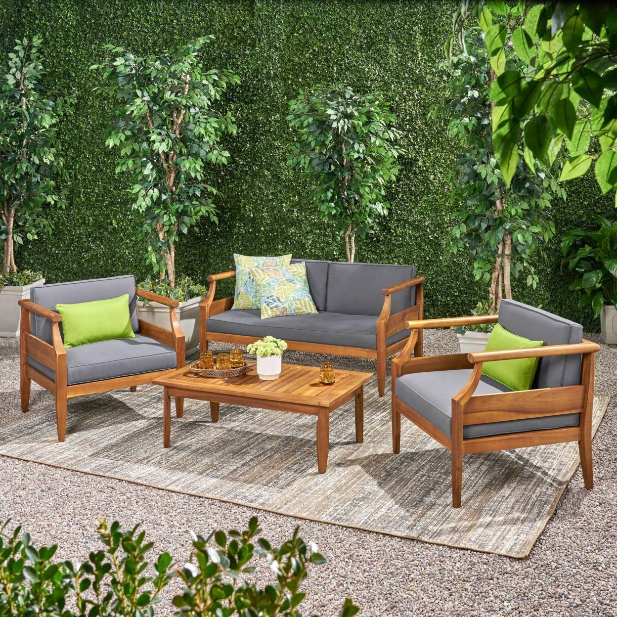 Bianca Outdoor Mid-Century Modern Acacia Wood 4 Seater Chat Set With Cushions - Dark Gray
