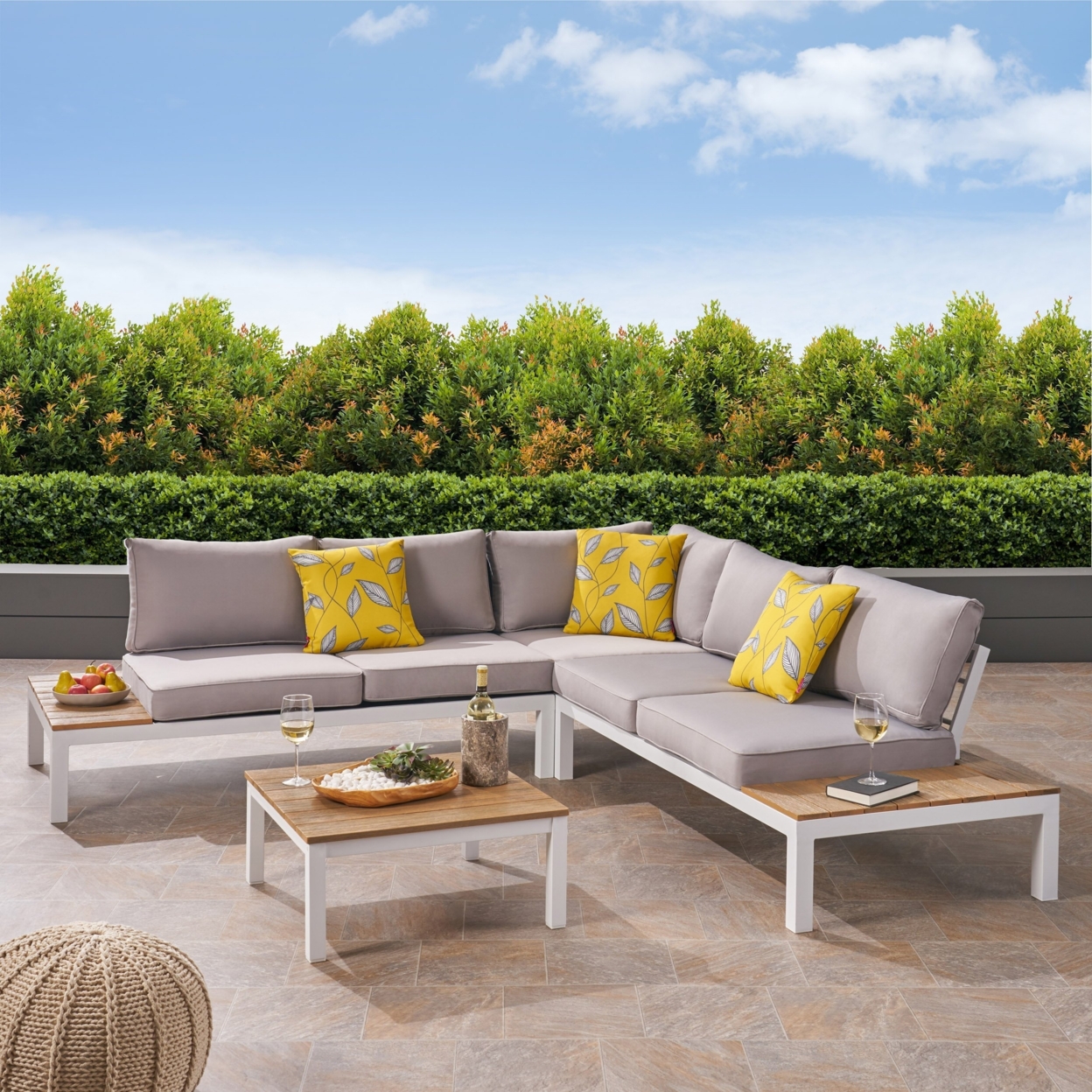 Blessen Outdoor Aluminum And Wood V-Shaped Sofa Set With Cushions - Light Gray / White