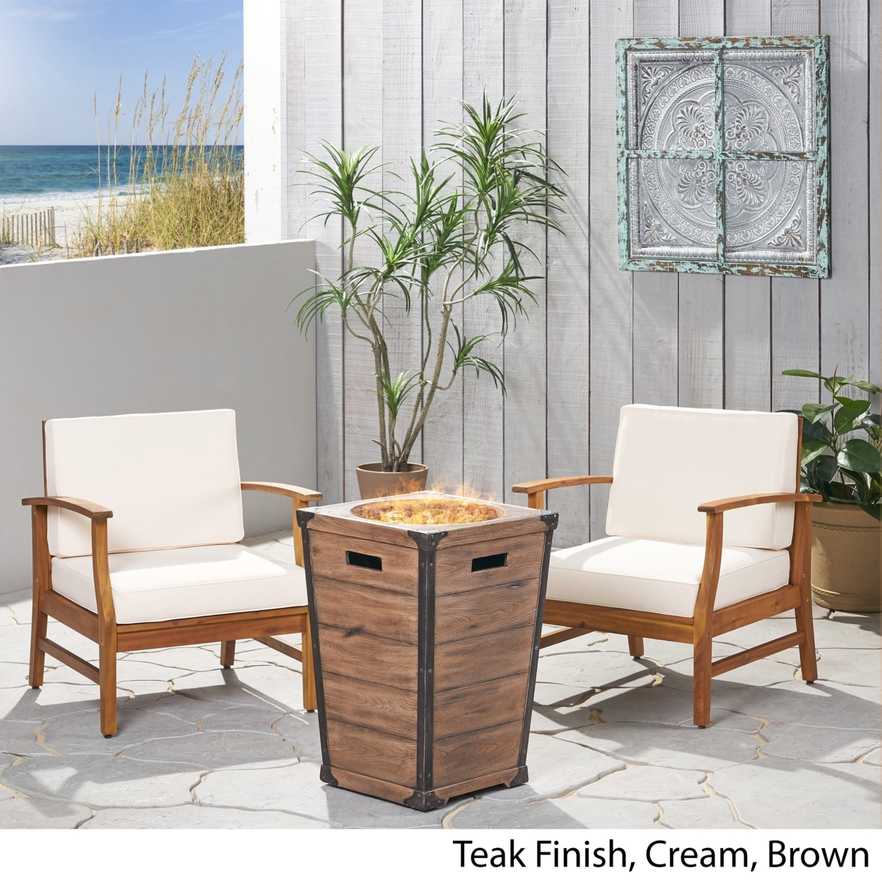 Capri Outdoor 2 Piece Acacia Wood Club Chair Set With Cushions And Fire Column - Cream