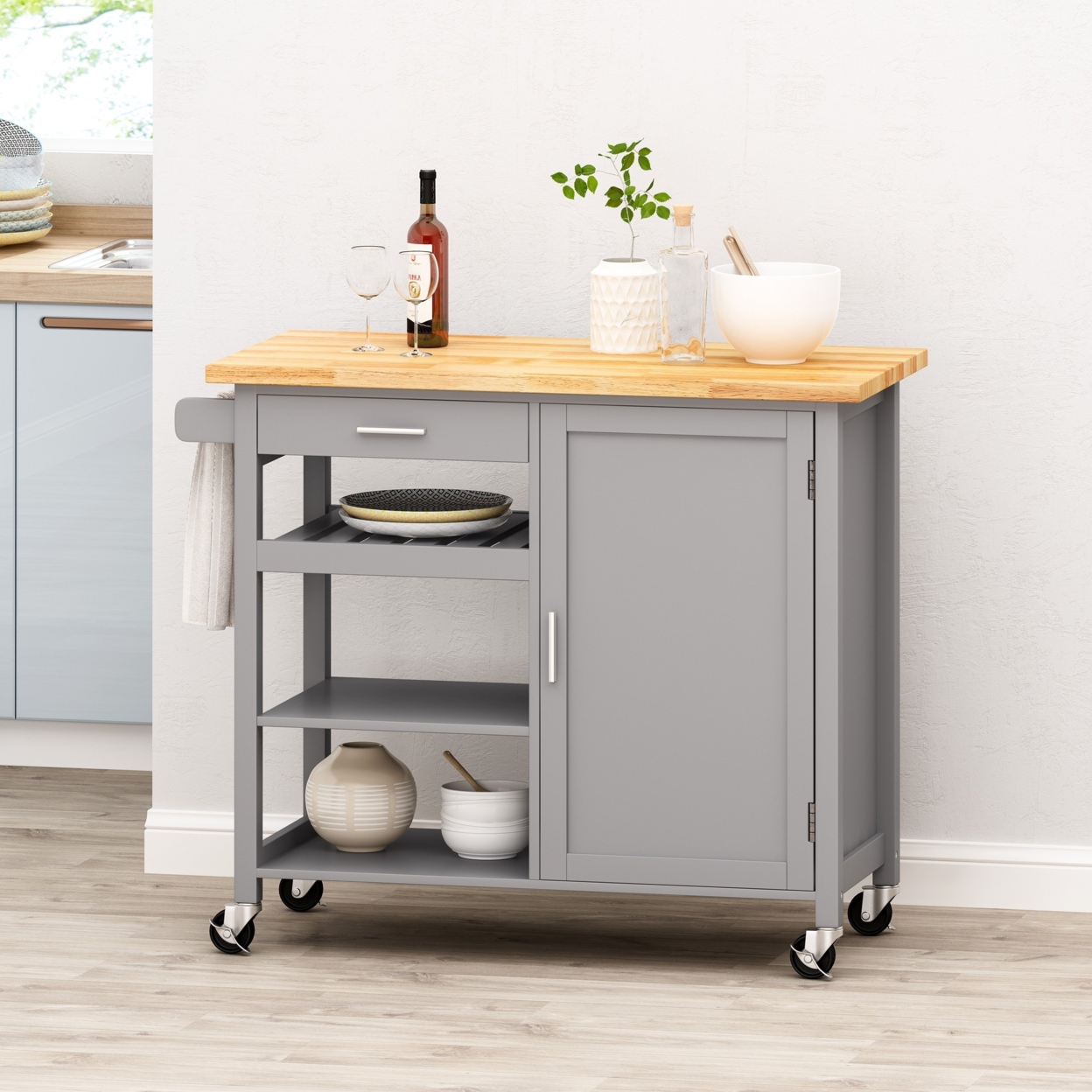 Carmelina Contemporary Kitchen Cart With Wheels - White/natural