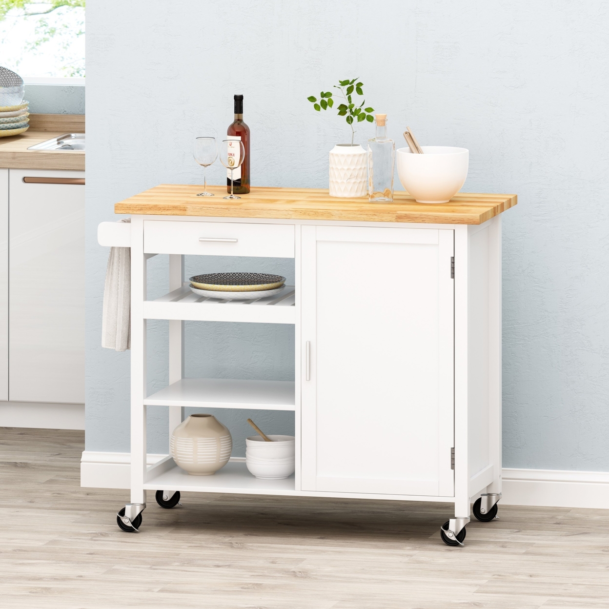 Carmelina Contemporary Kitchen Cart With Wheels - White/natural