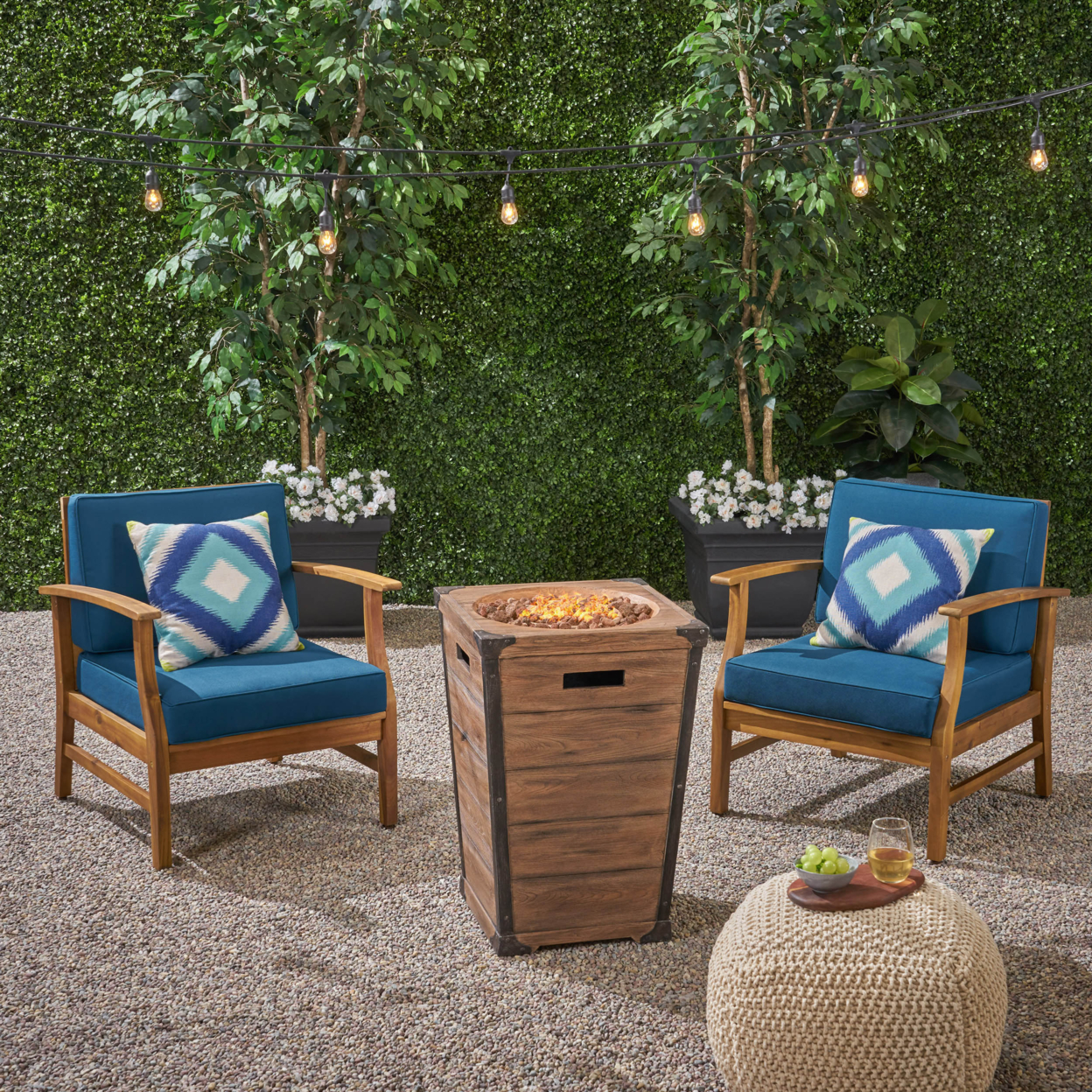 Capri Outdoor 2 Piece Acacia Wood Club Chair Set With Cushions And Fire Column - Blue
