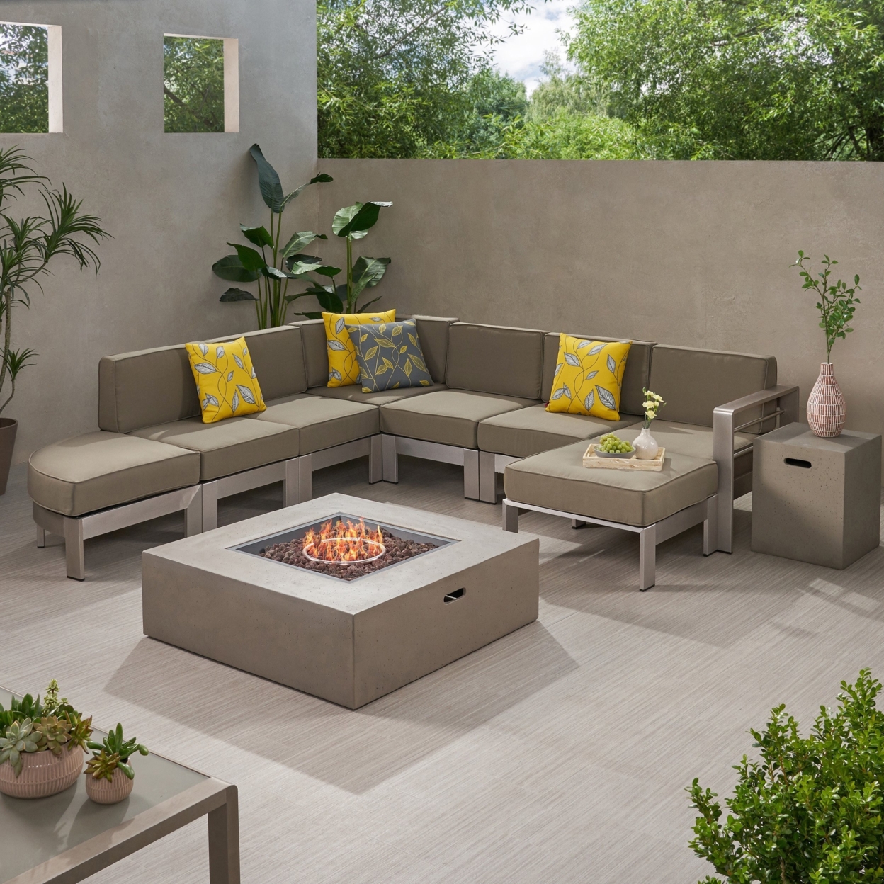Cherie Half Round 5 Seater Sectional Set With Fire Pit And Tank Holder - Light Gray