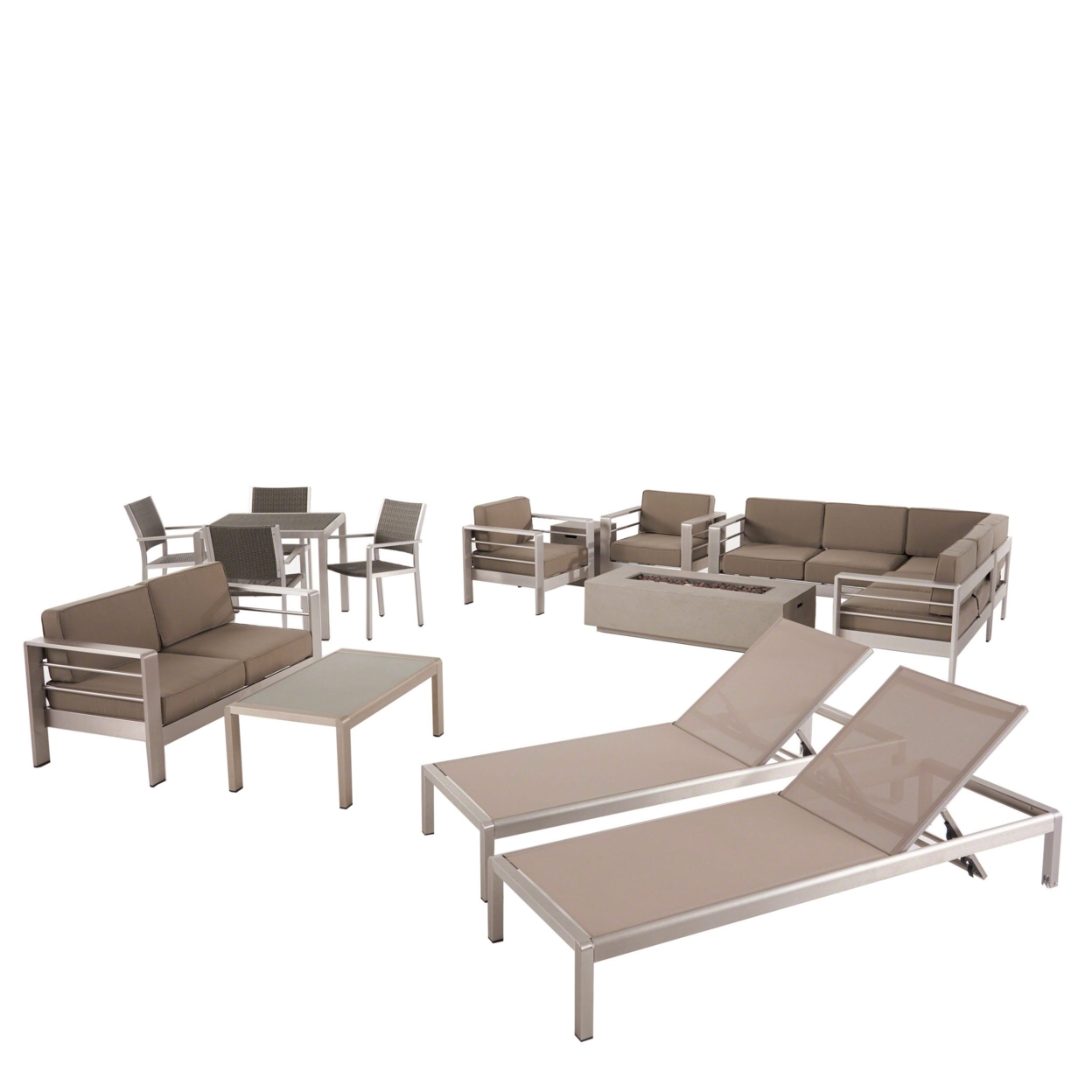 Cherie Outdoor 16 Piece Aluminum Estate Collection With Cushions And Fire Pit - Light Gray