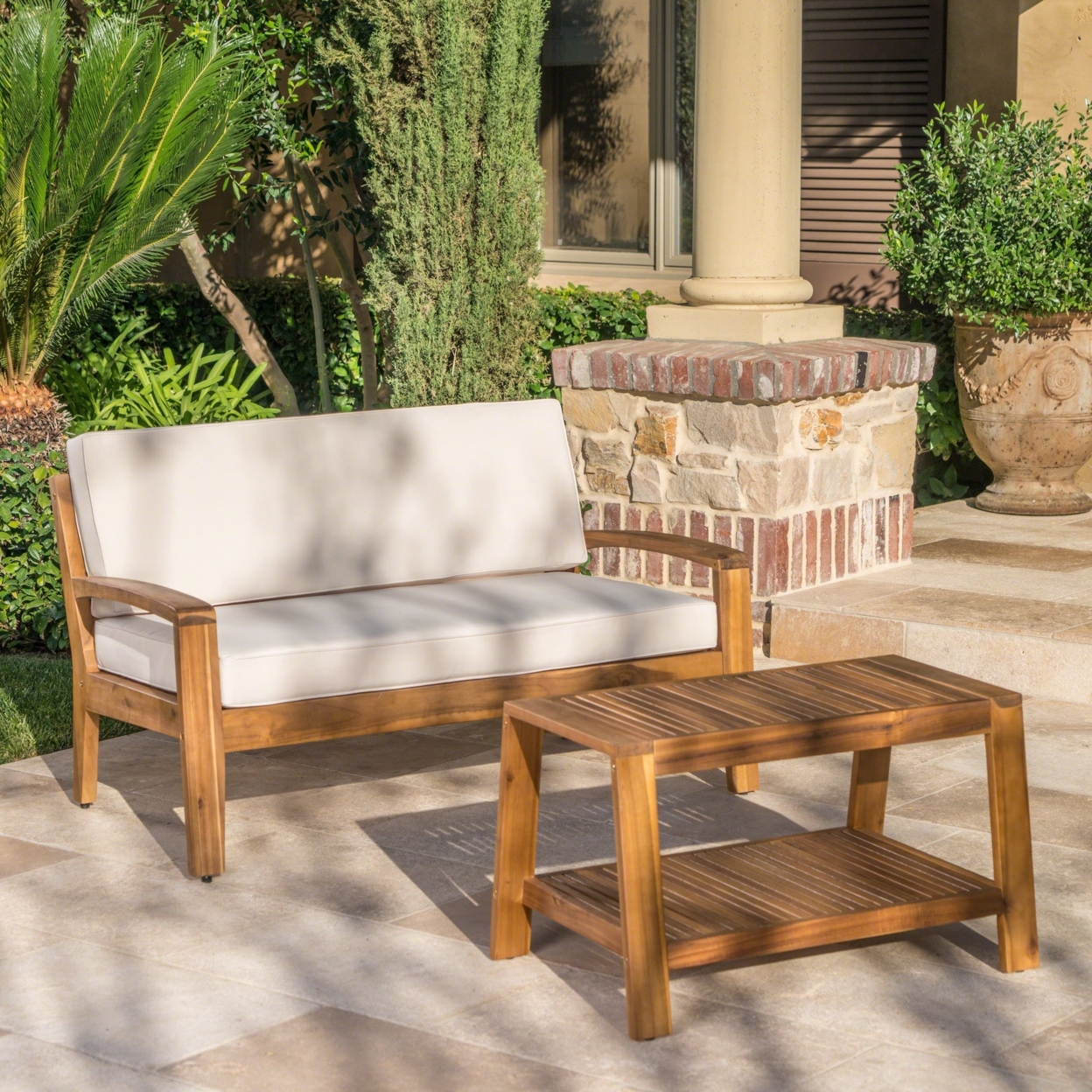 Christian Outdoor Acacia Wood Loveseat And Coffee Table Set With Cushions - Teak Finish/beige