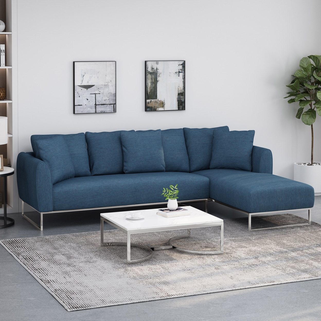 Clarke Contemporary Sectional Sofa With Chaise Lounge - Navy Blue