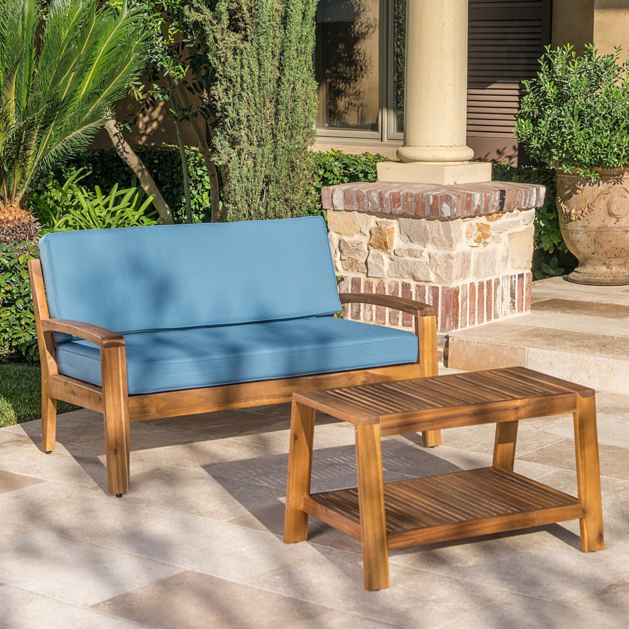 Christian Outdoor Acacia Wood Loveseat And Coffee Table Set With Cushions - Teak Finish/blue