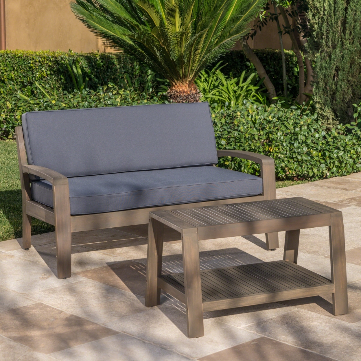 Christian Outdoor Acacia Wood Loveseat And Coffee Table Set With Cushions - Gray Finish/dark Gray