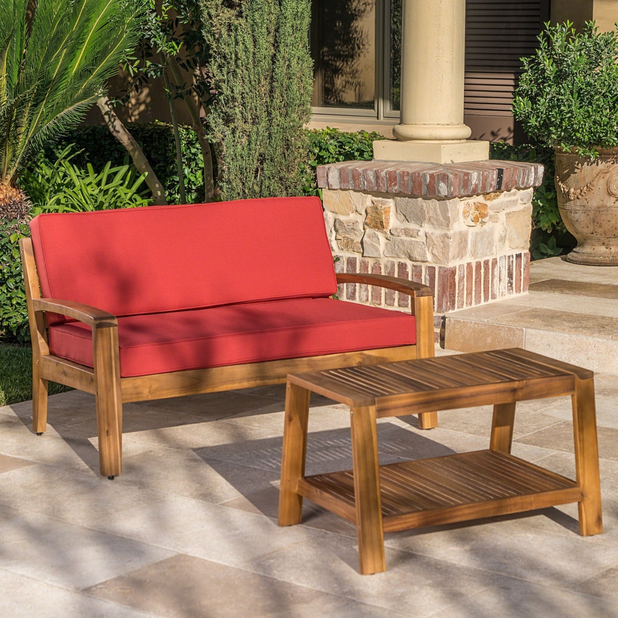 Christian Outdoor Acacia Wood Loveseat And Coffee Table Set With Cushions - Teak Finish/red