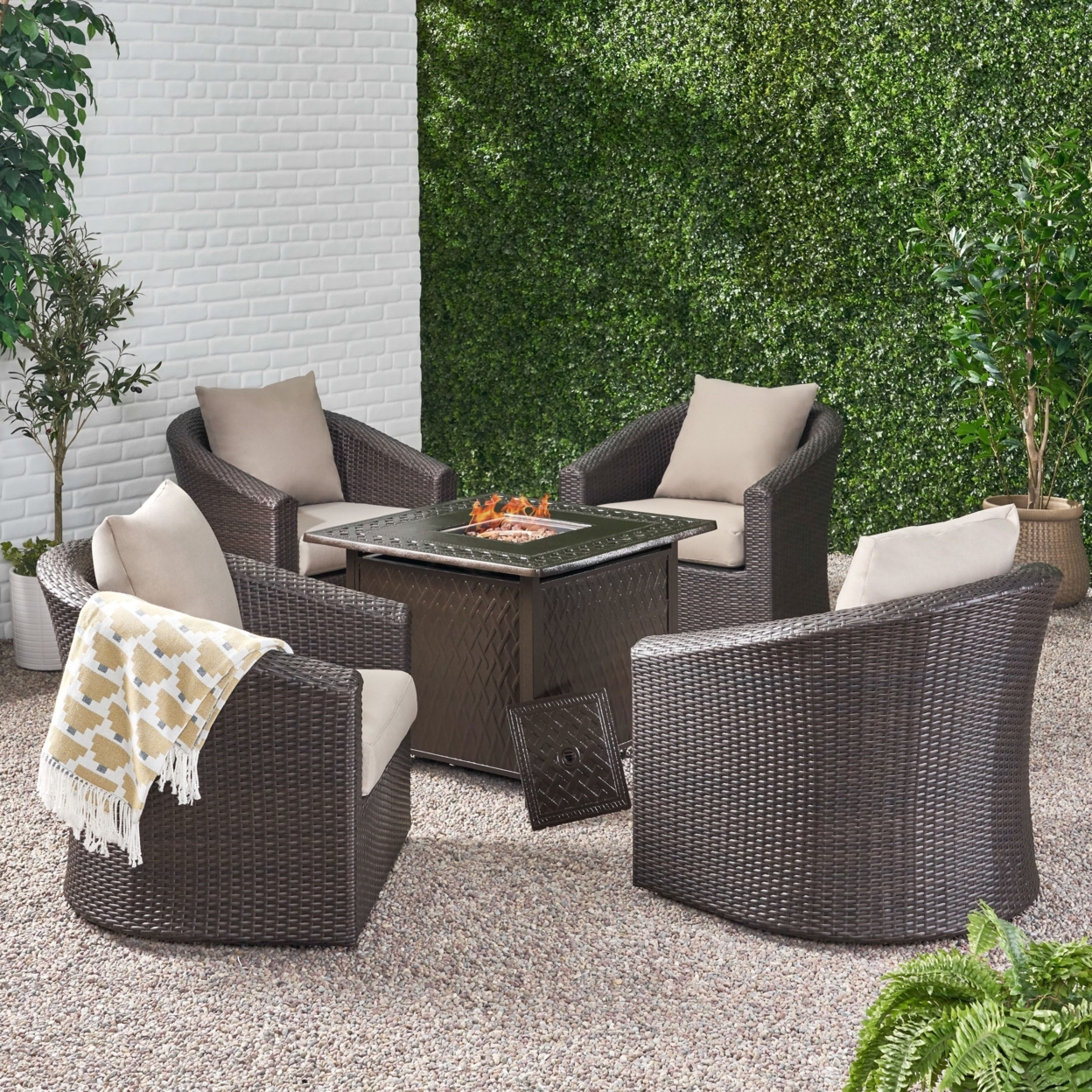 Dillard Outdoor 4 Seater Wicker Swivel Chair And Fire Pit Set - Mixed Brown/mixed Khaki