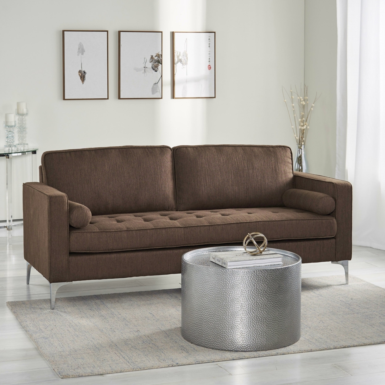 Divith Contemporary Tufted Fabric 3 Seater Sofa - Brown