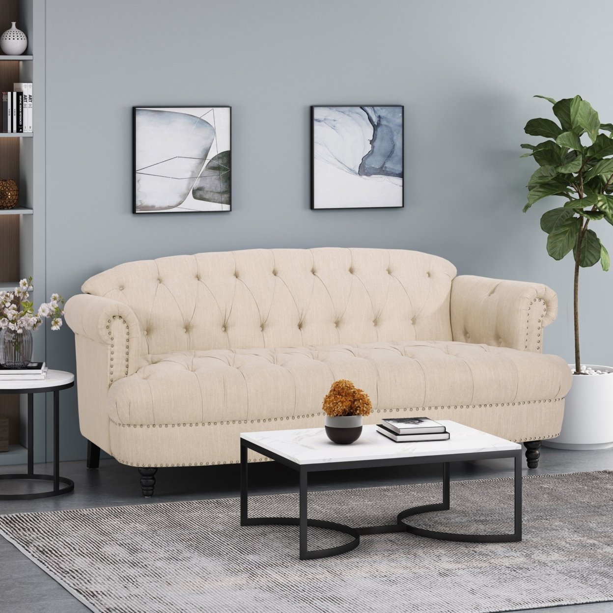 Elspeth Contemporary Deep Tufted Sofa With Nailhead Trim - Dark Brown/beige