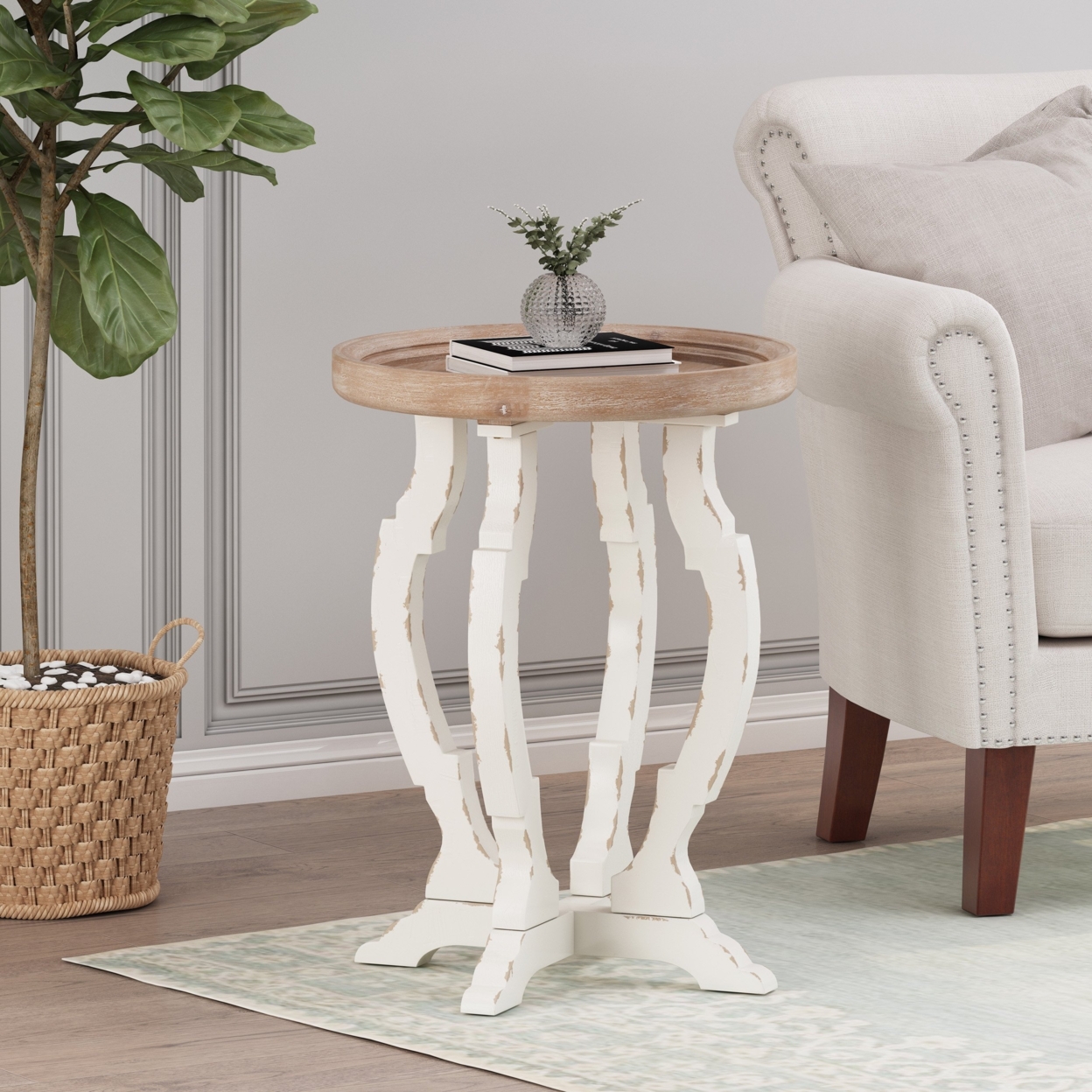 Emilya French Country Accent Table With Round Top - Distressed White/natural