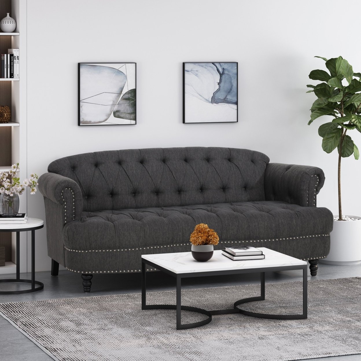 Elspeth Contemporary Deep Tufted Sofa With Nailhead Trim - Dark Brown/charcoal