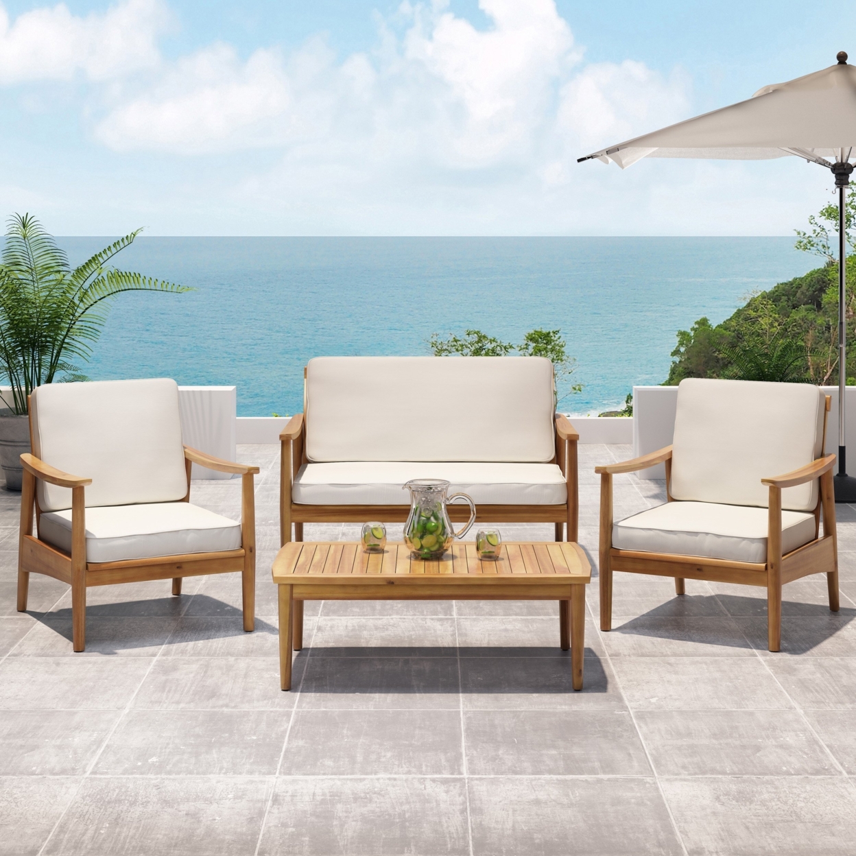 Emmry Outdoor Acacia Wood 4 Seater Chat Set With Coffee Table - Gray/dark Gray