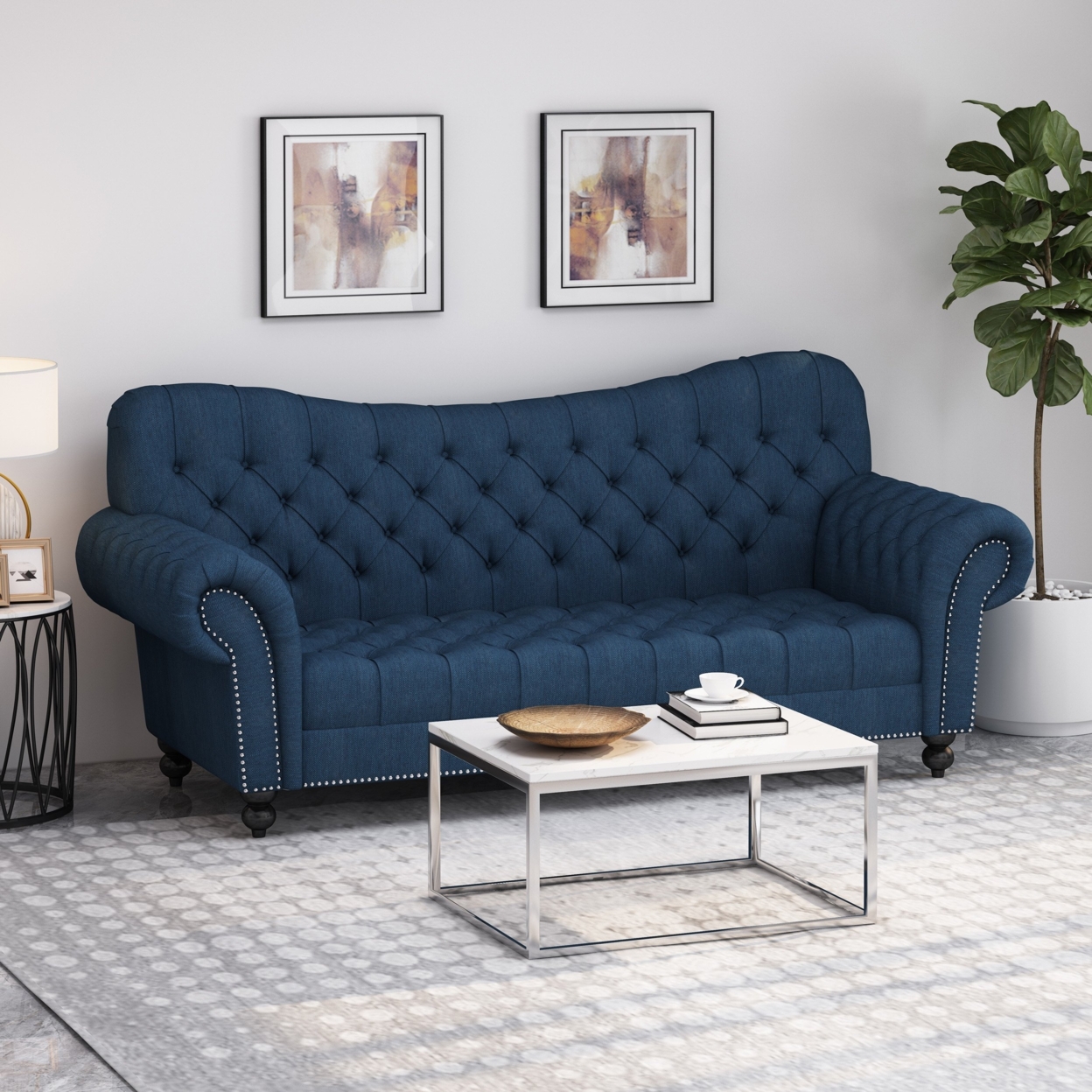 Emeric Chesterfield Button Tufted Fabric 3 Seater Sofa - Navy Blue