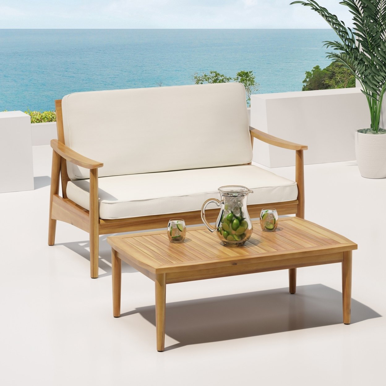 Emmry Outdoor Acacia Wood Loveseat Set With Coffee Table - Gray/dark Gray