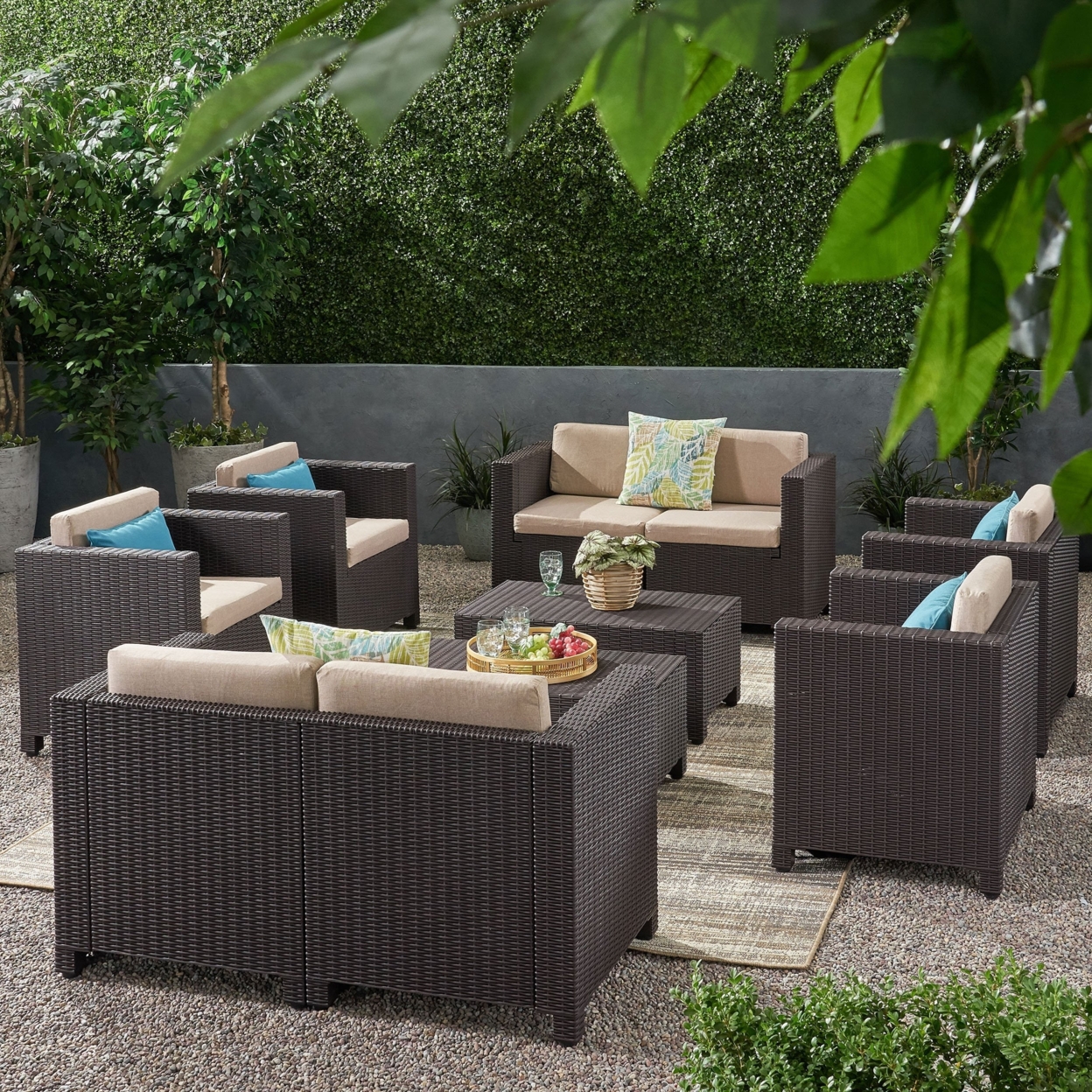 Farirra Outdoor Faux Wicker 8 Seater Chat Set With Cushions - Dark Brown/beige