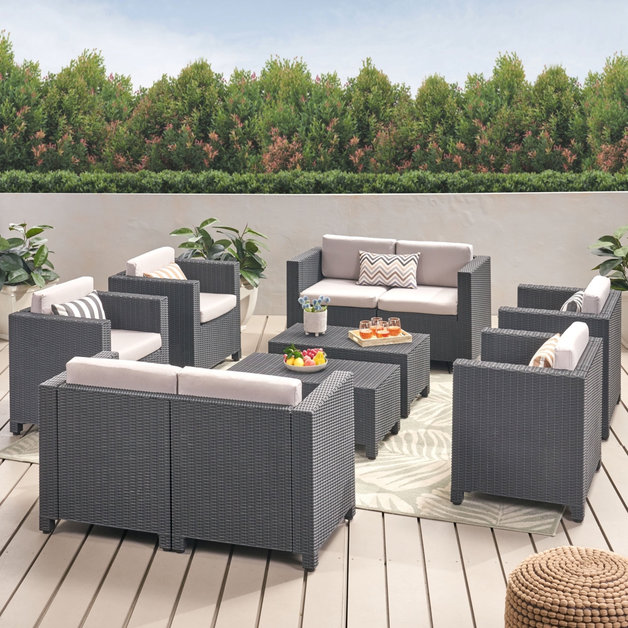Farirra Outdoor Faux Wicker 8 Seater Chat Set With Cushions - Dark Gray/gray