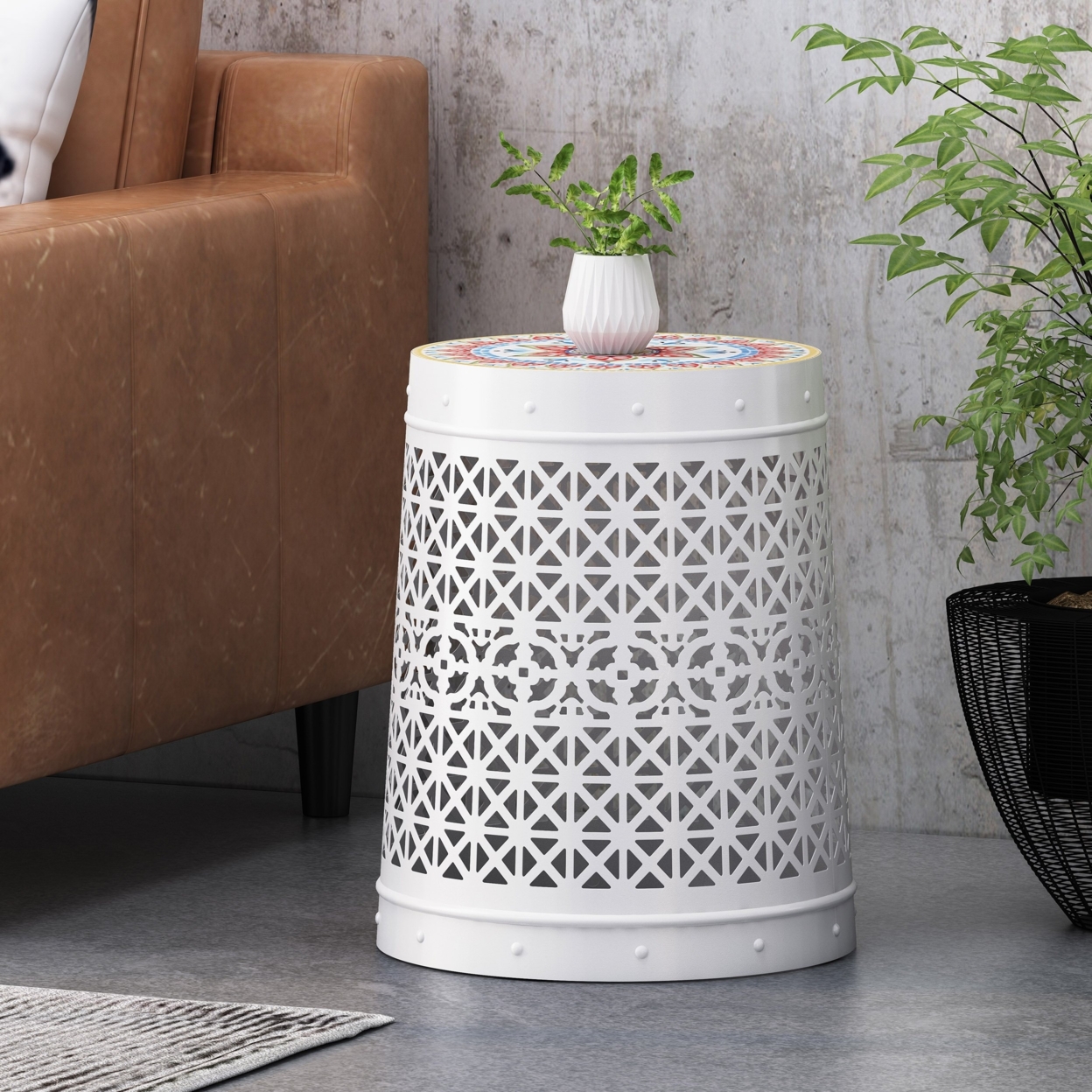 Folajimi Indoor Lace Cut Side Table With Tile Top - White