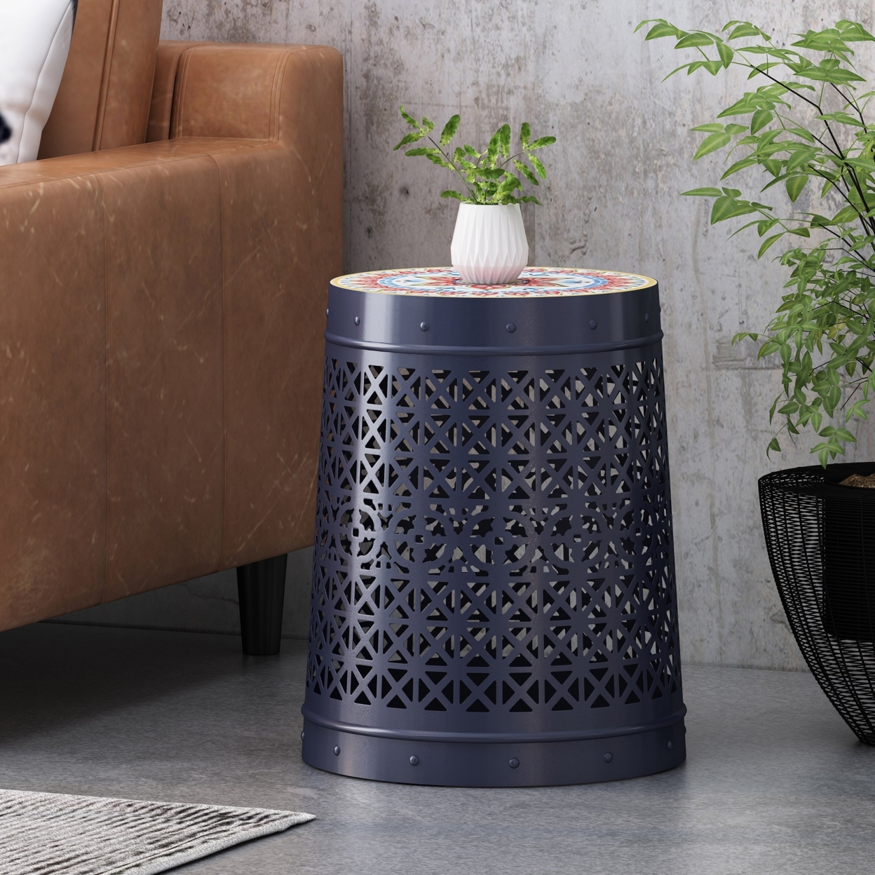 Folajimi Indoor Lace Cut Side Table With Tile Top - Dark Blue