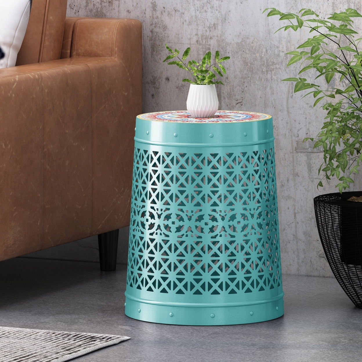 Folajimi Indoor Lace Cut Side Table With Tile Top - Teal
