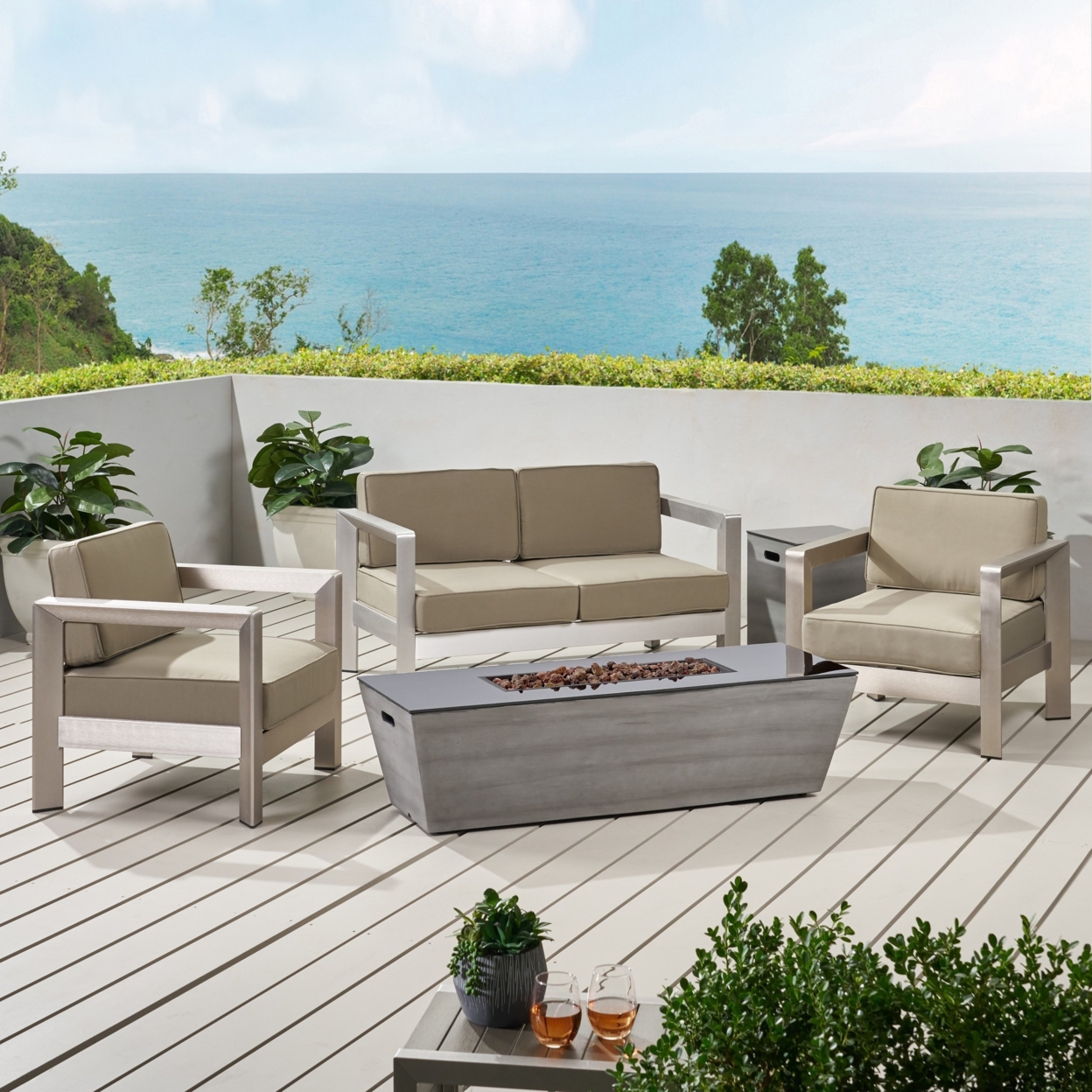 Gianelle Outdoor Modern 4 Seater Aluminum Chat Set With Fire Pit And Tank Holder - Rectangle Fire Pit