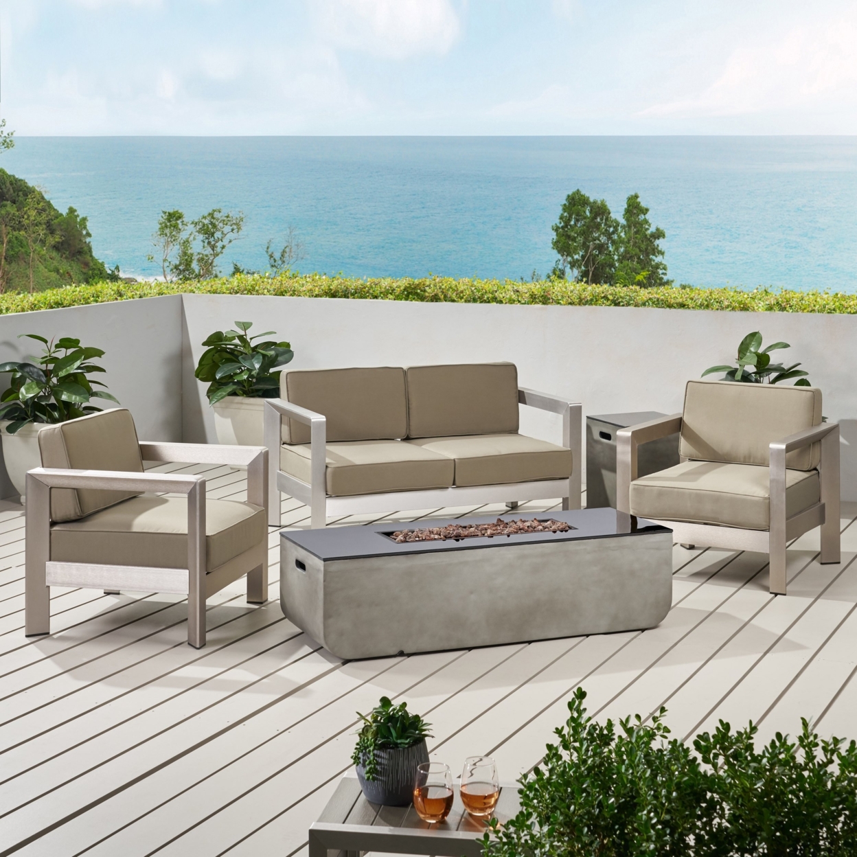 Gianelle Outdoor Modern 4 Seater Aluminum Chat Set With Fire Pit And Tank Holder - Rectangle Fire Pit