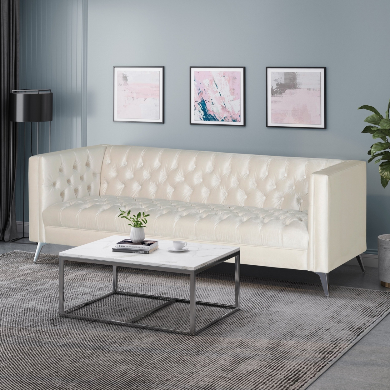 Harnoor Contemporary Tufted Velvet 3 Seater Sofa - Beige