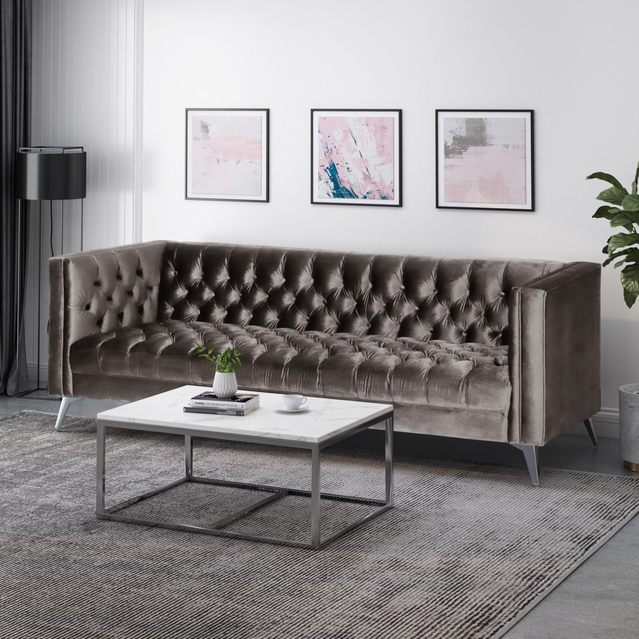 Harnoor Contemporary Tufted Velvet 3 Seater Sofa - Gray