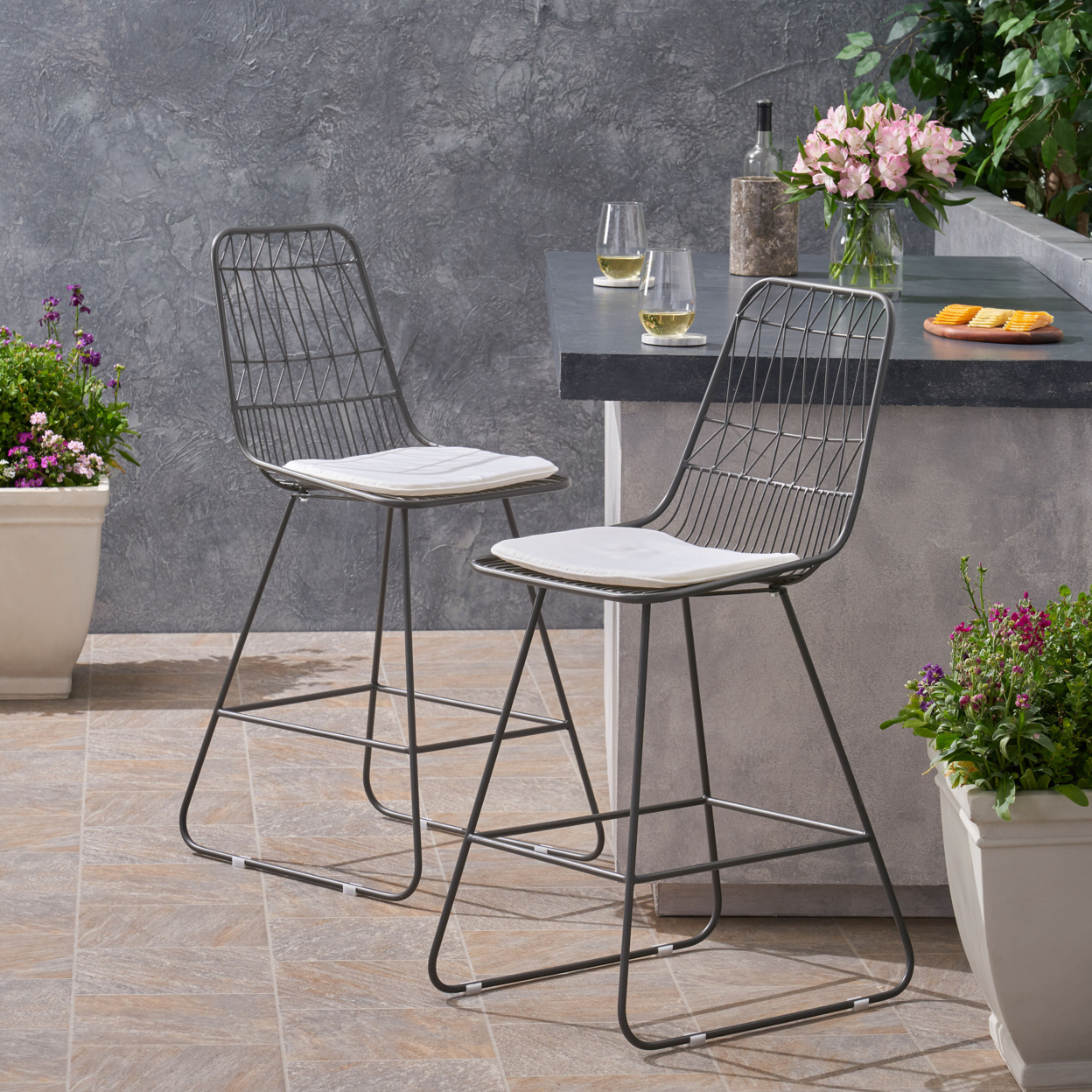 Hedy Outdoor 26 Seats Iron Counter Stools With Cushions (Set Of 2) - Gray