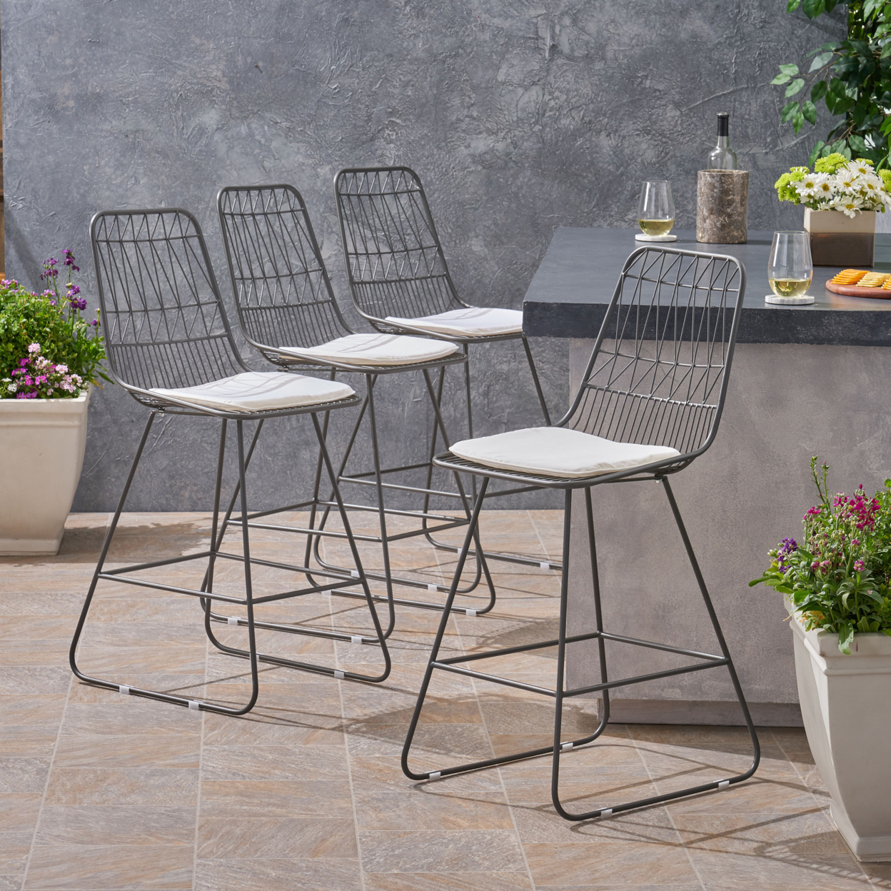 Hedy Outdoor 26 Seats Iron Counter Stools With Cushions (Set Of 4) - Gray