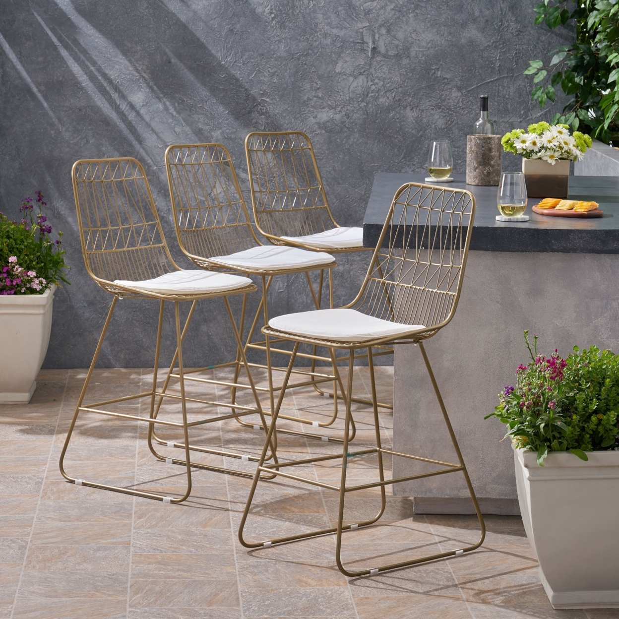 Hedy Outdoor 26 Seats Iron Counter Stools With Cushions (Set Of 4) - Light Brass