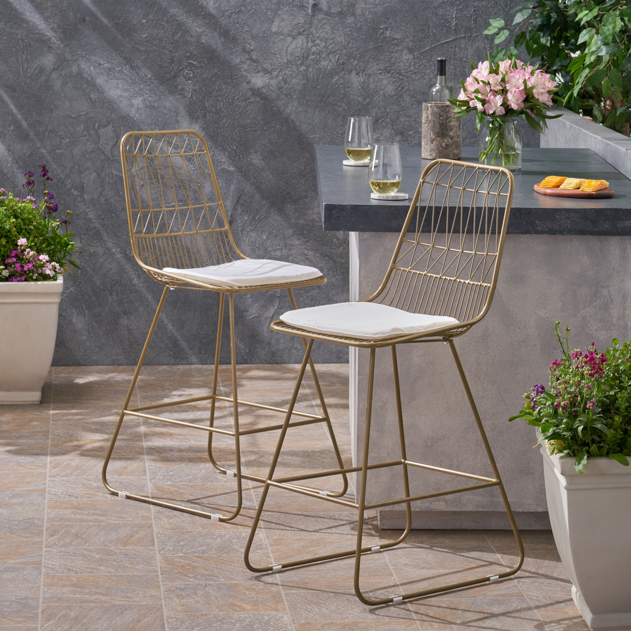 Hedy Outdoor 26 Seats Iron Counter Stools With Cushions (Set Of 2) - Light Brass