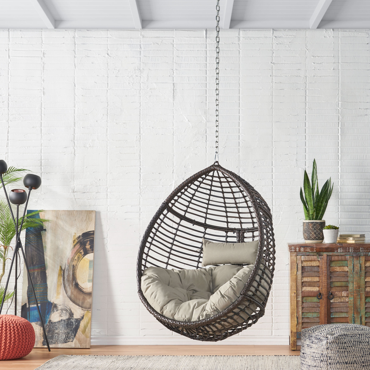 Hempstead Indoor/Outdoor Wicker Hanging Teardrop / Egg Chair (NO STAND) - Multi-brown/khaki
