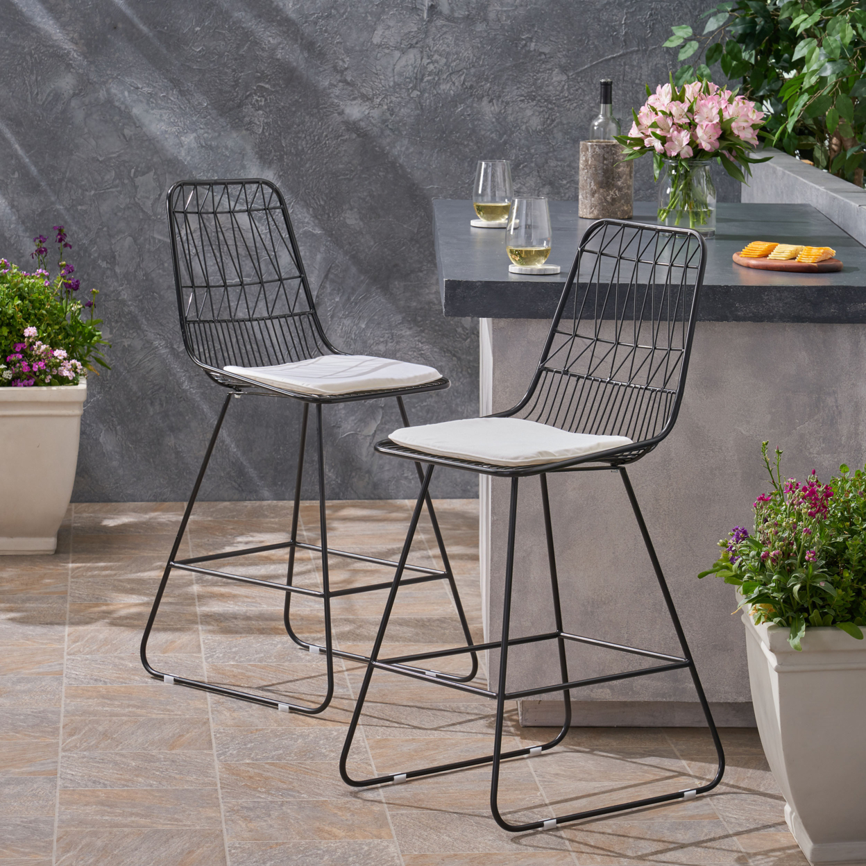 Hedy Outdoor 26 Seats Iron Counter Stools With Cushions (Set Of 2) - Black