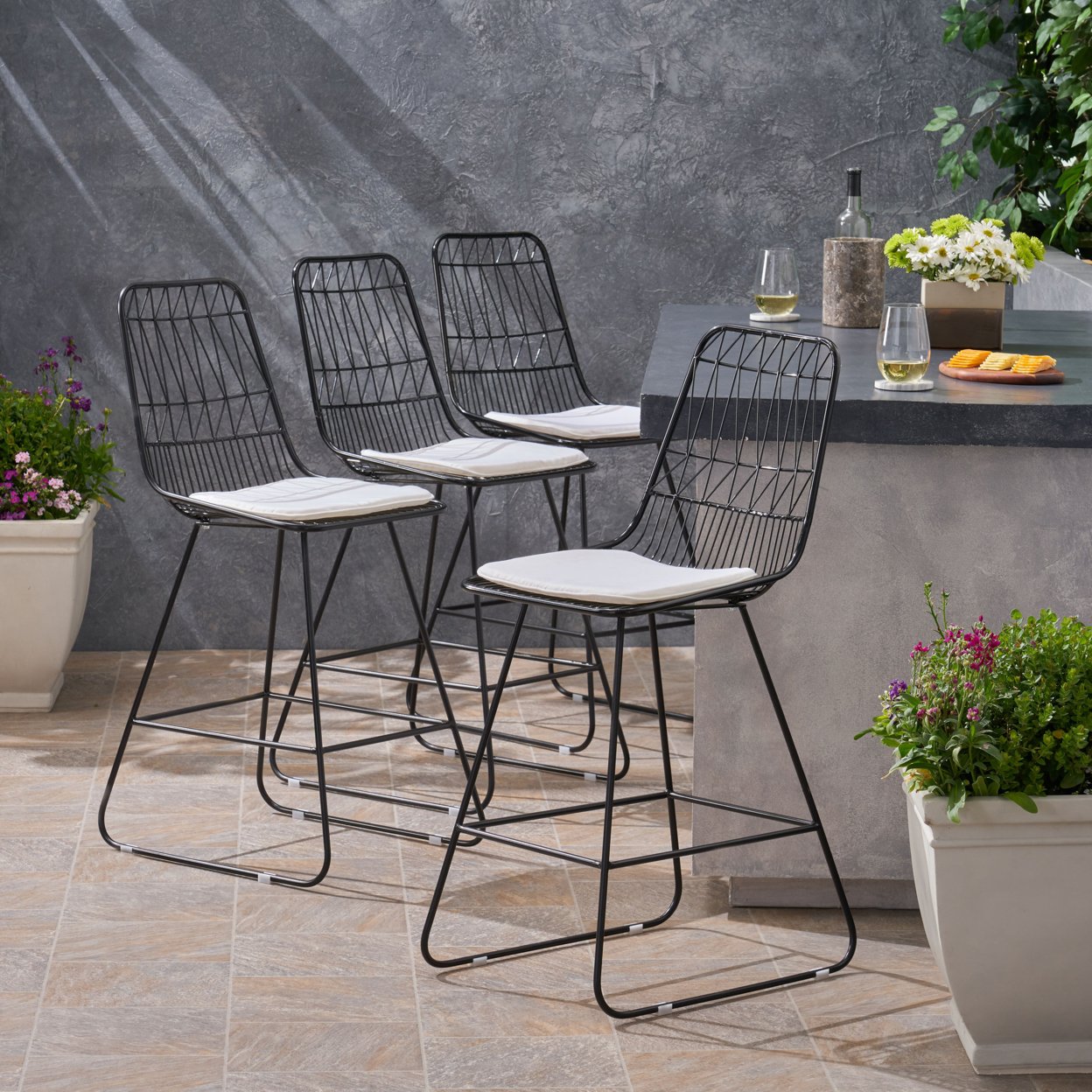 Hedy Outdoor 26 Seats Iron Counter Stools With Cushions (Set Of 4) - Black