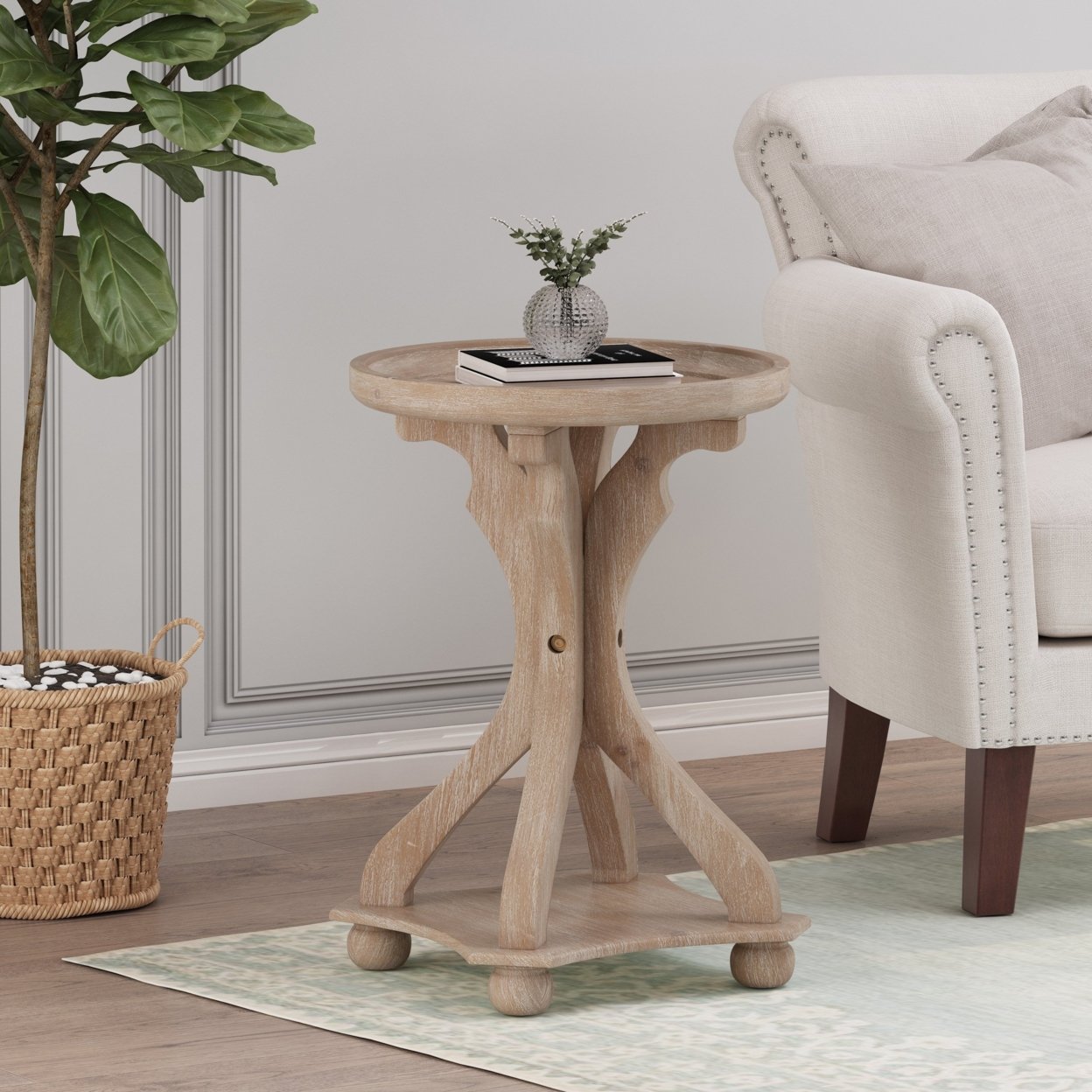 Ihana French Country Accent Table With Round Top - Distressed White/natural