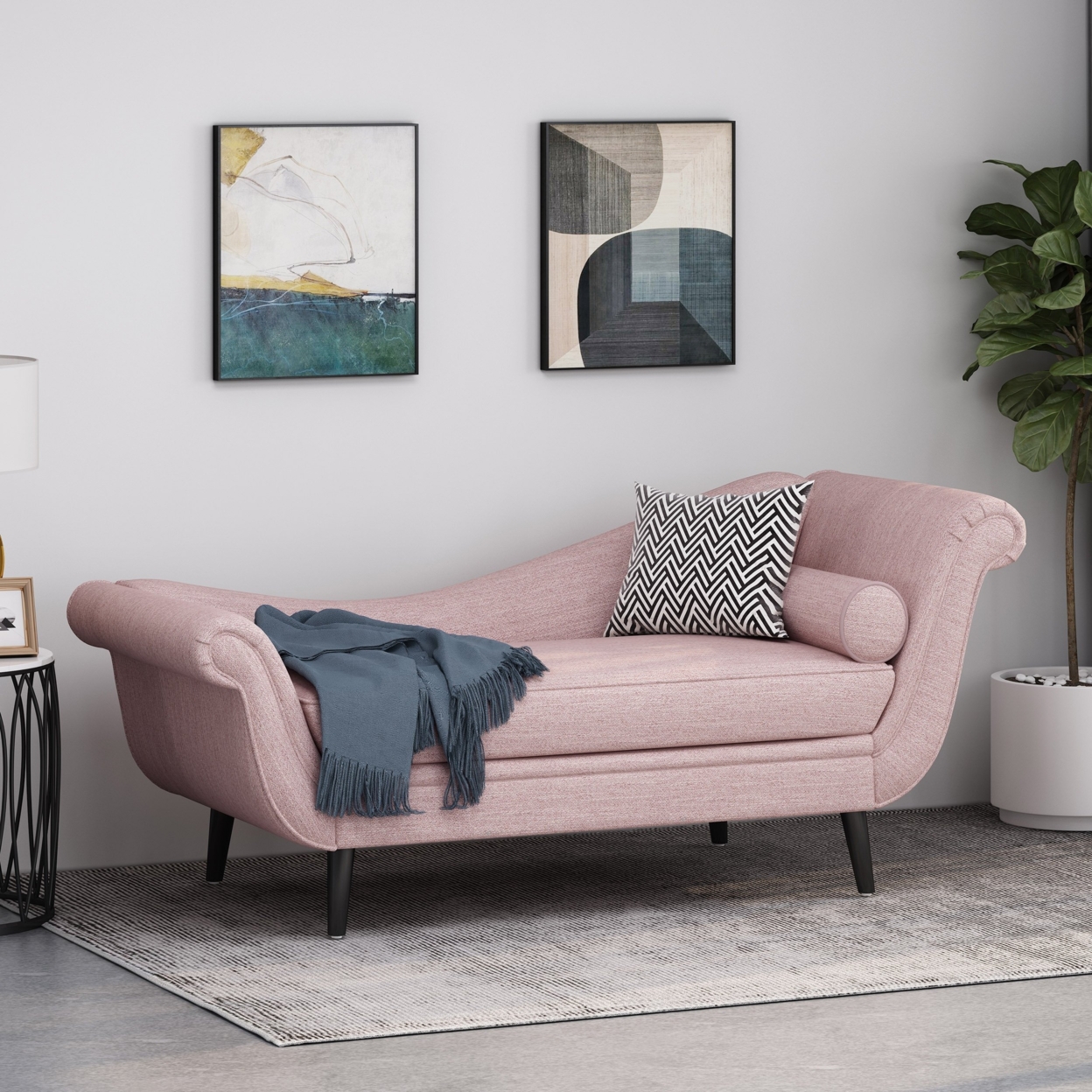 Jakyrah Contemporary Chaise Lounge With Scroll Arms - Light Blush