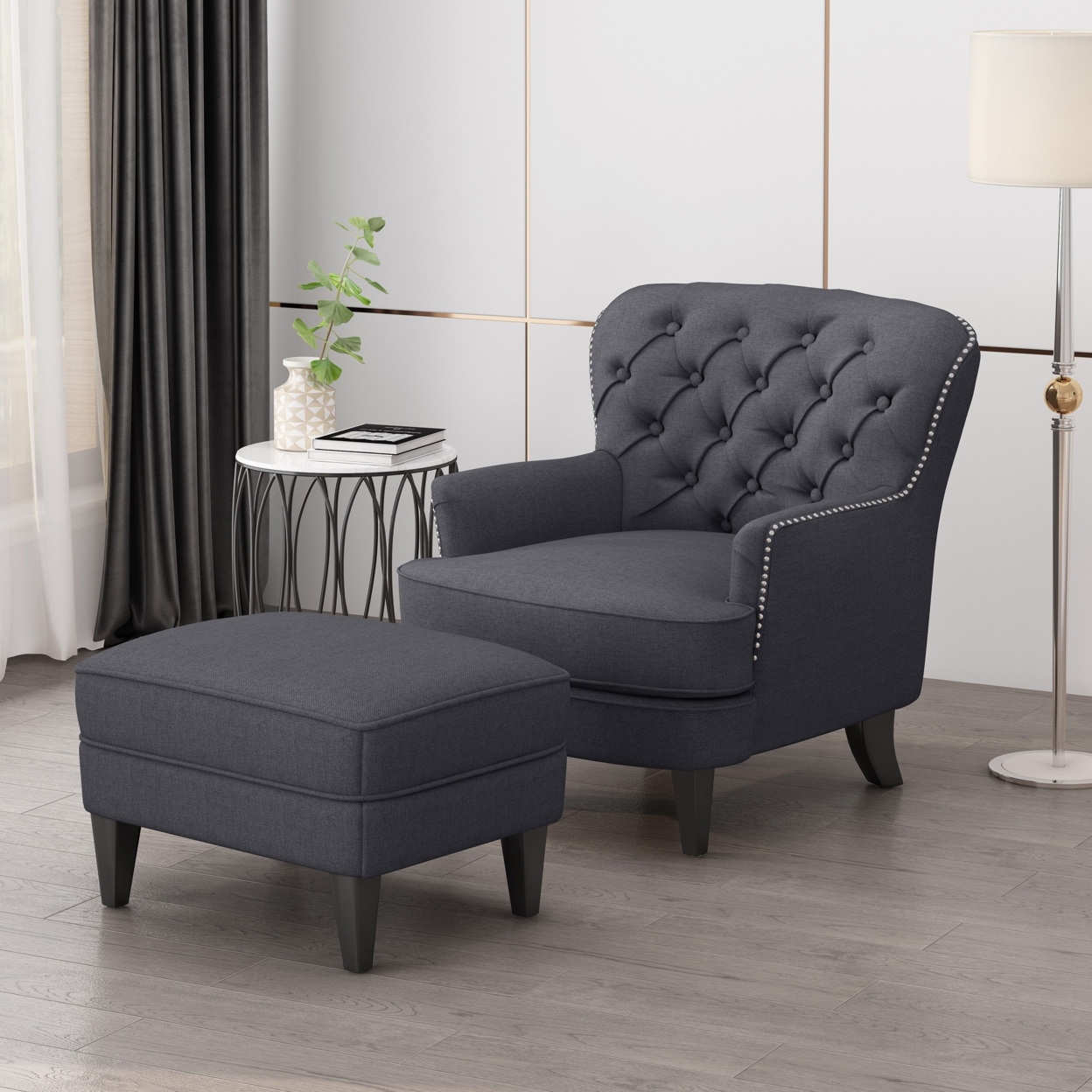 Jaxen Contemporary Tufted Fabric Club Chair And Ottoman Set - Gray