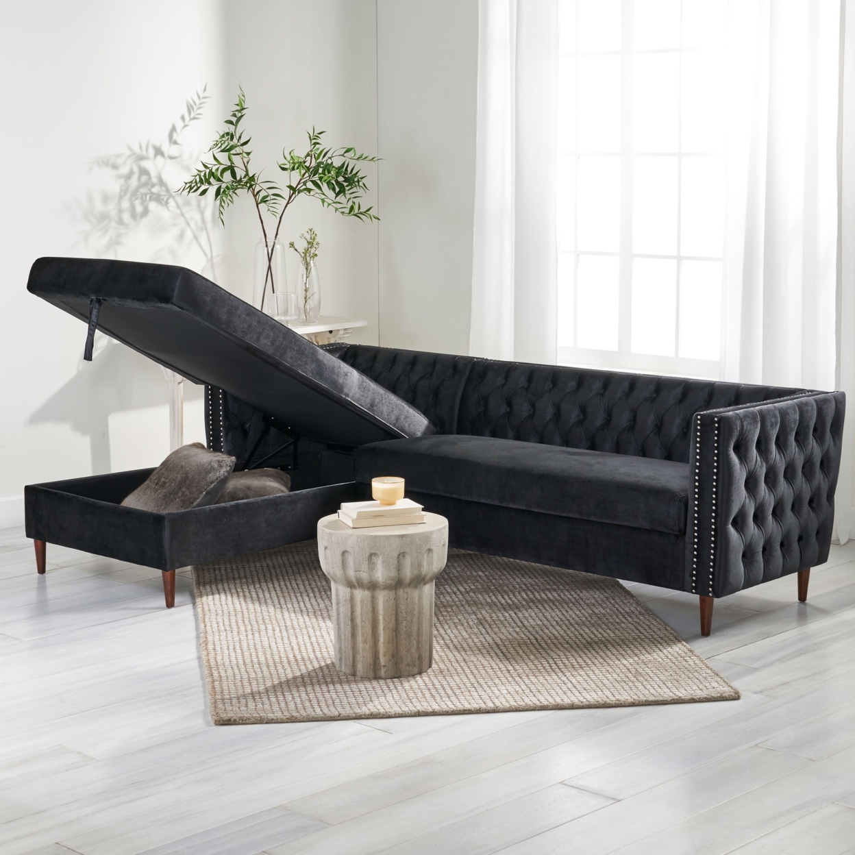Jephthah Contemporary Tufted Velvet Sectional Sofa With Storage Chaise Lounge - Black