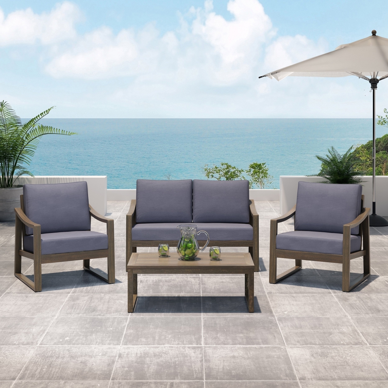 Johnlucas Outdoor 4 Seater Acacia Wood Chat Set With Water Resistant Cushions - Gray/dark Gray