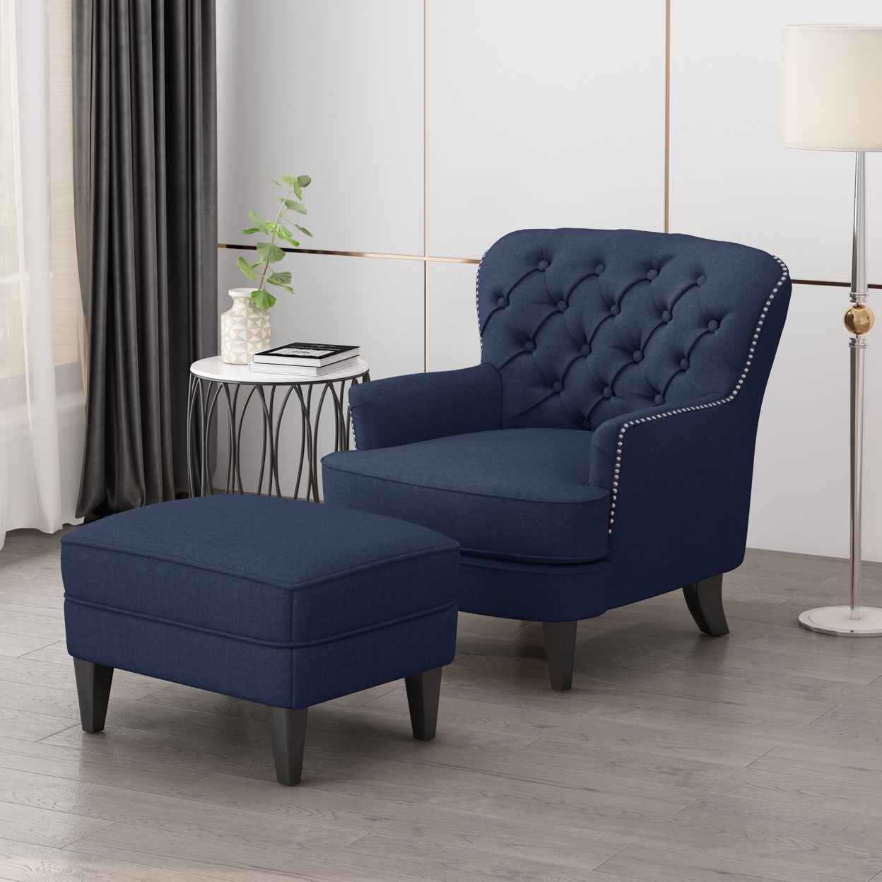 Jaxen Contemporary Tufted Fabric Club Chair And Ottoman Set - Blue