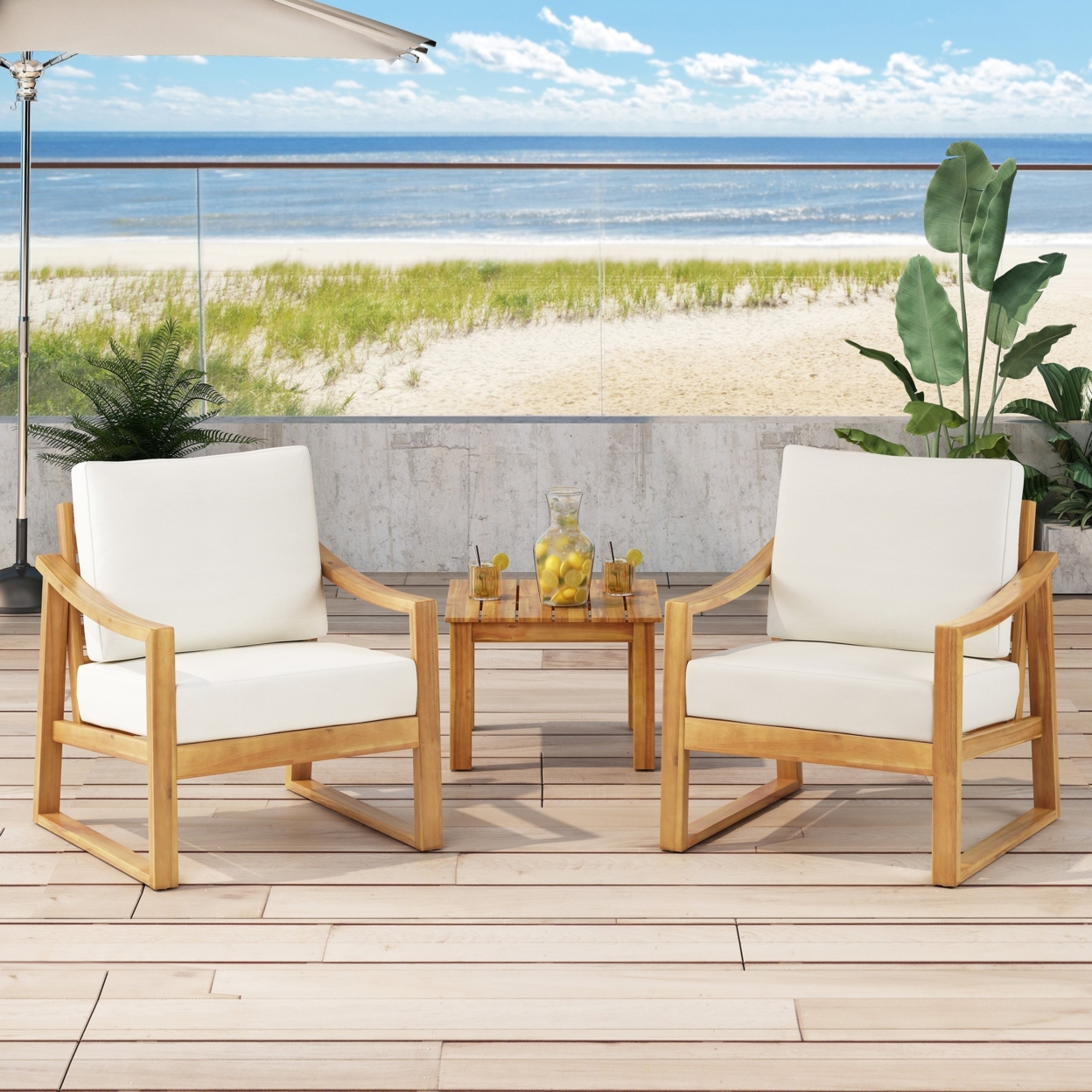 Johnlucas Outdoor Acacia Wood Club Chairs With Water Resistant Cushions (Set Of 2) - Teak/beige